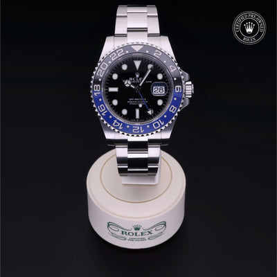 Rolex Certified Pre-owned GMT M126710BLNR-0003 front on black background
