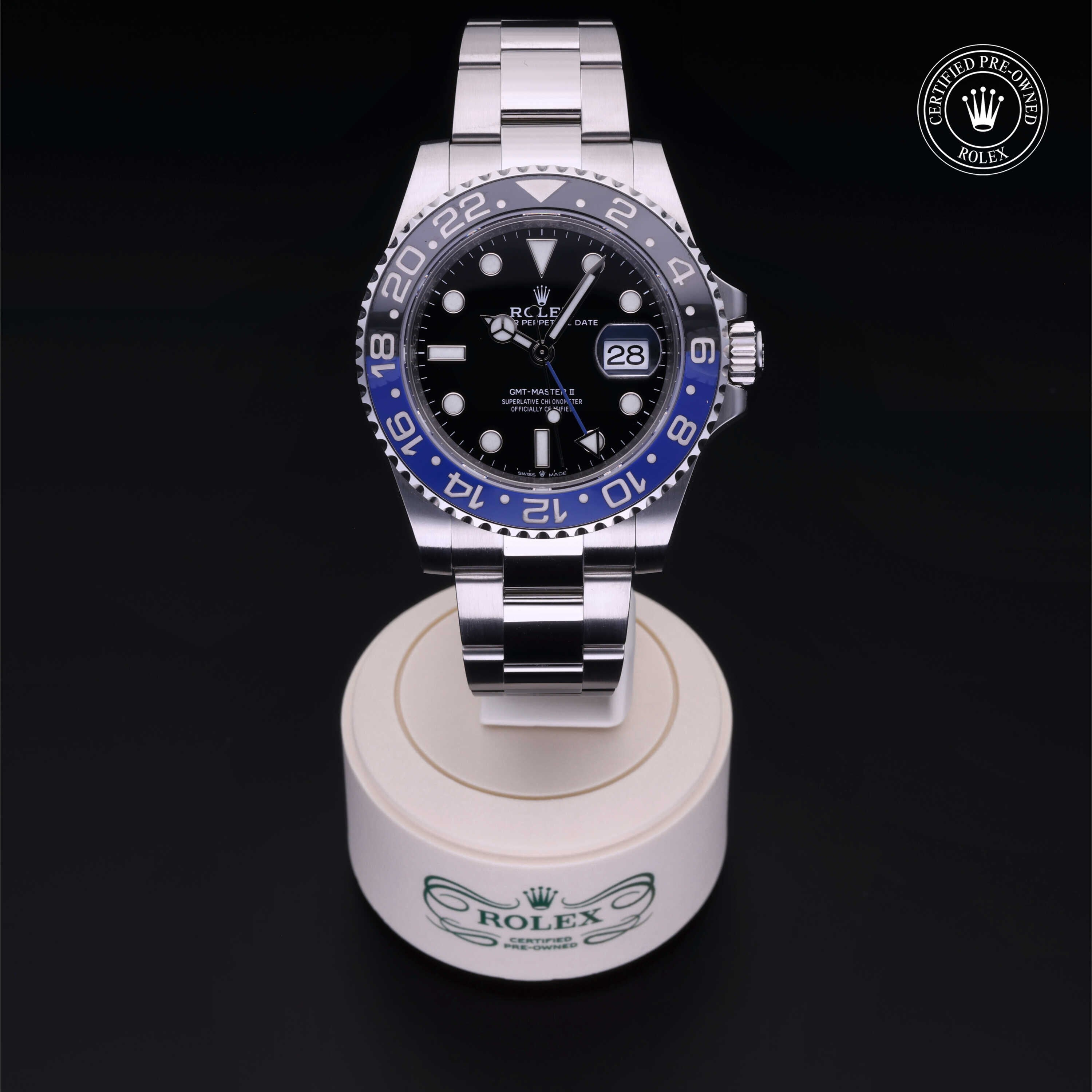 Rolex Certified Pre-owned GMT M126710BLNR-0003 front on black background