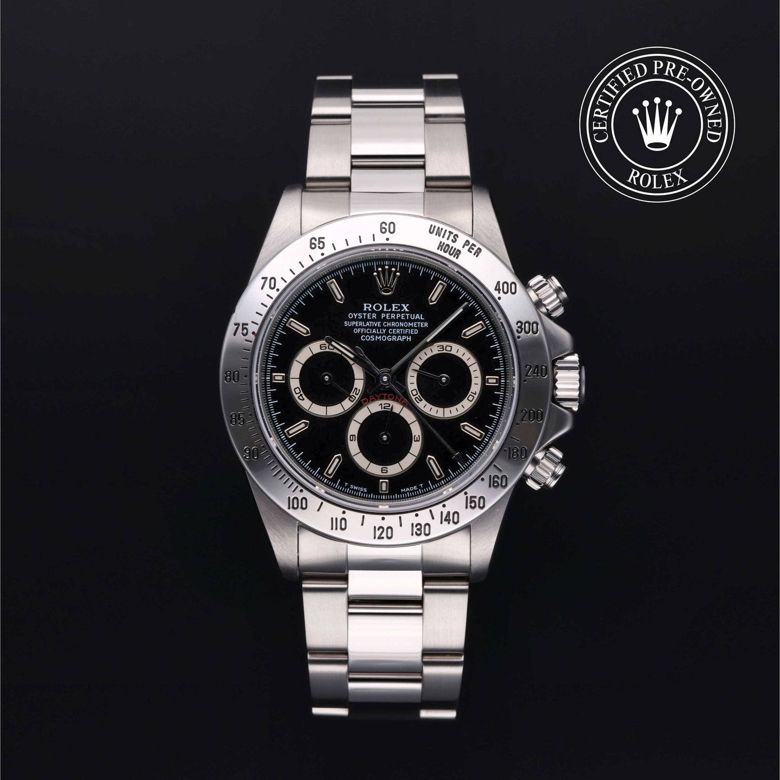 Rolex Certified Pre-owned Daytona M16520-0002 front on black background