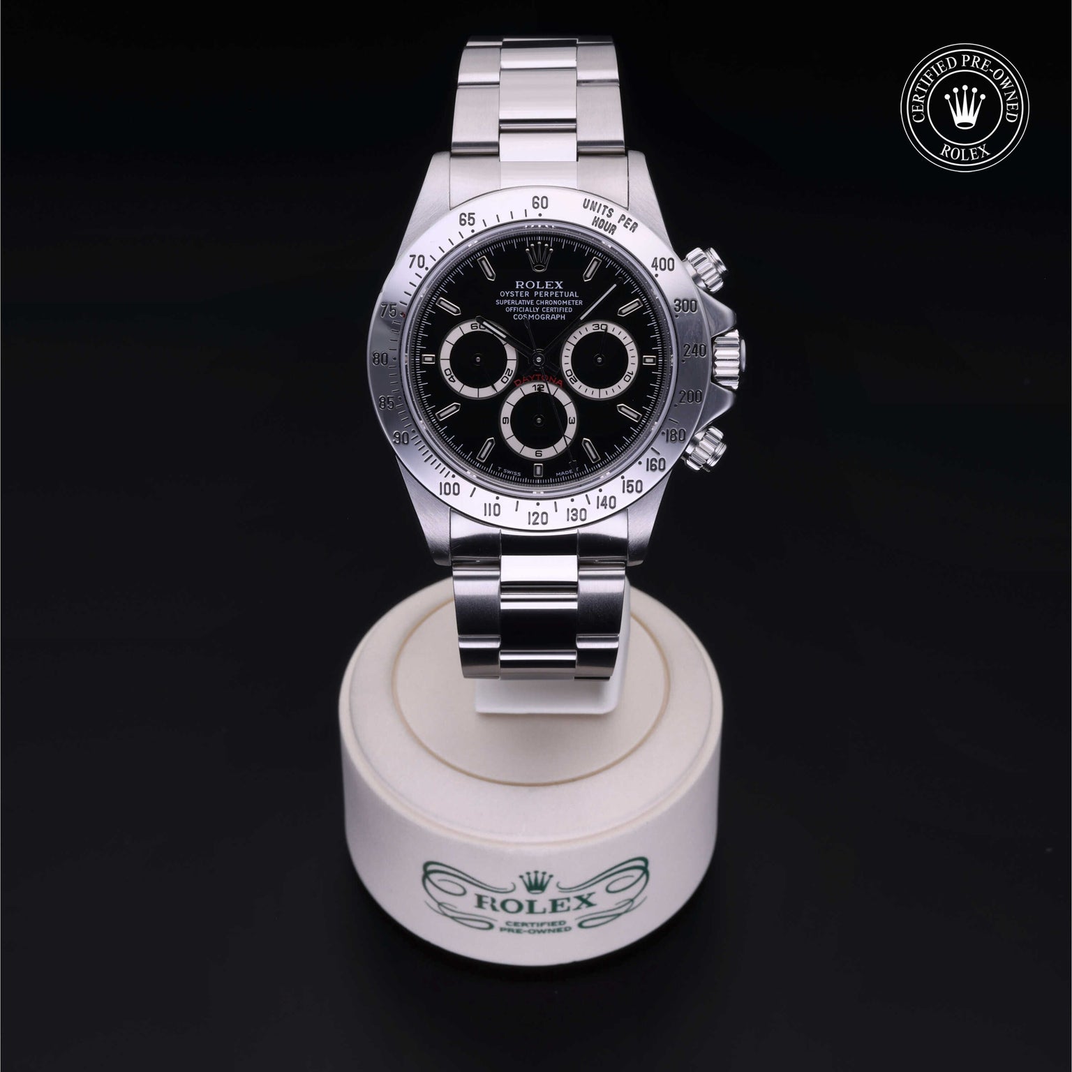 Rolex Certified Pre-owned Daytona M16520-0002 front on black background