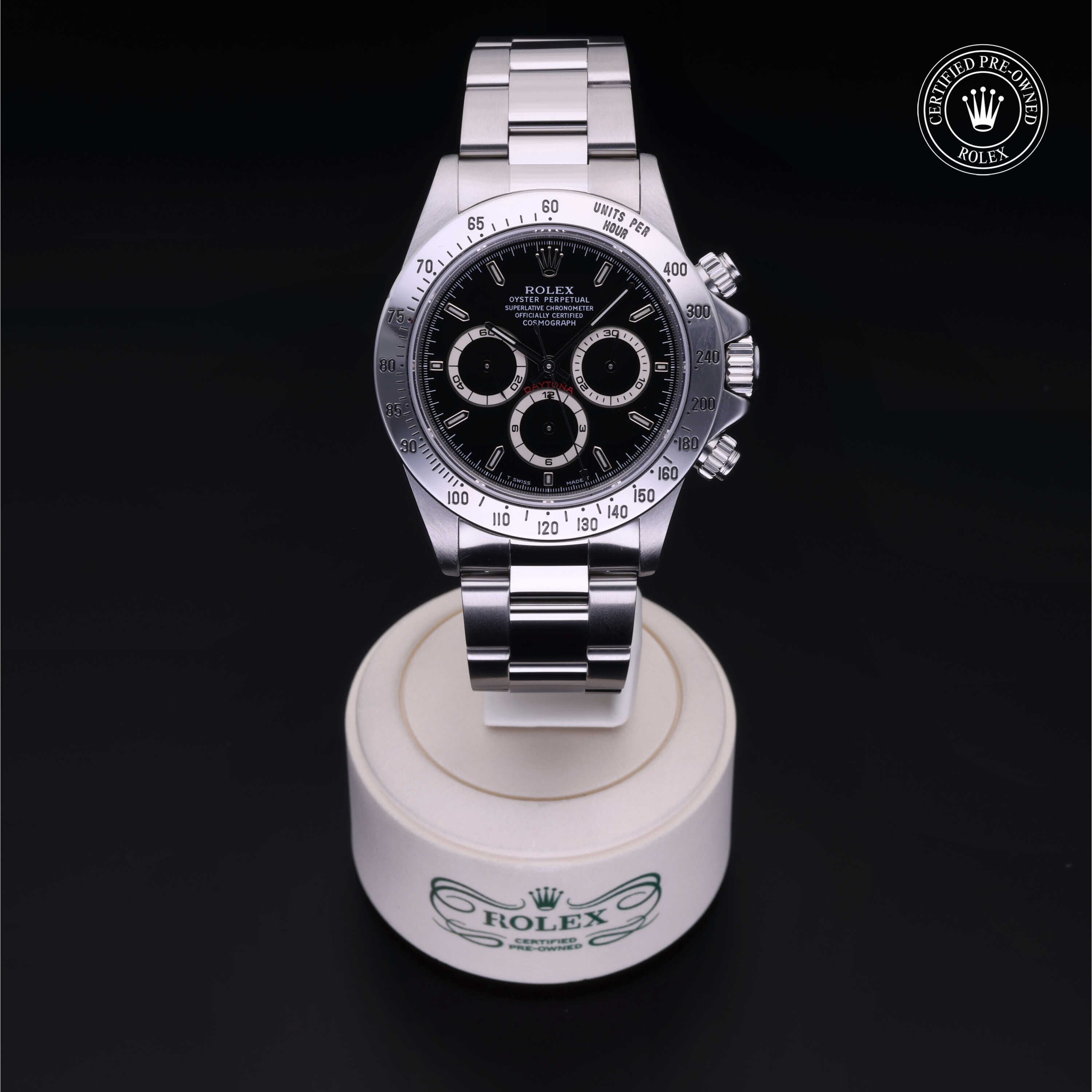 Rolex Certified Pre-owned Daytona M16520-0002 front on black background