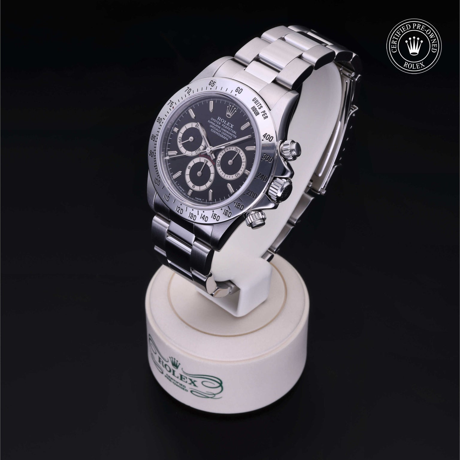 Rolex Certified Pre-owned Daytona M16520-0002 front on black background