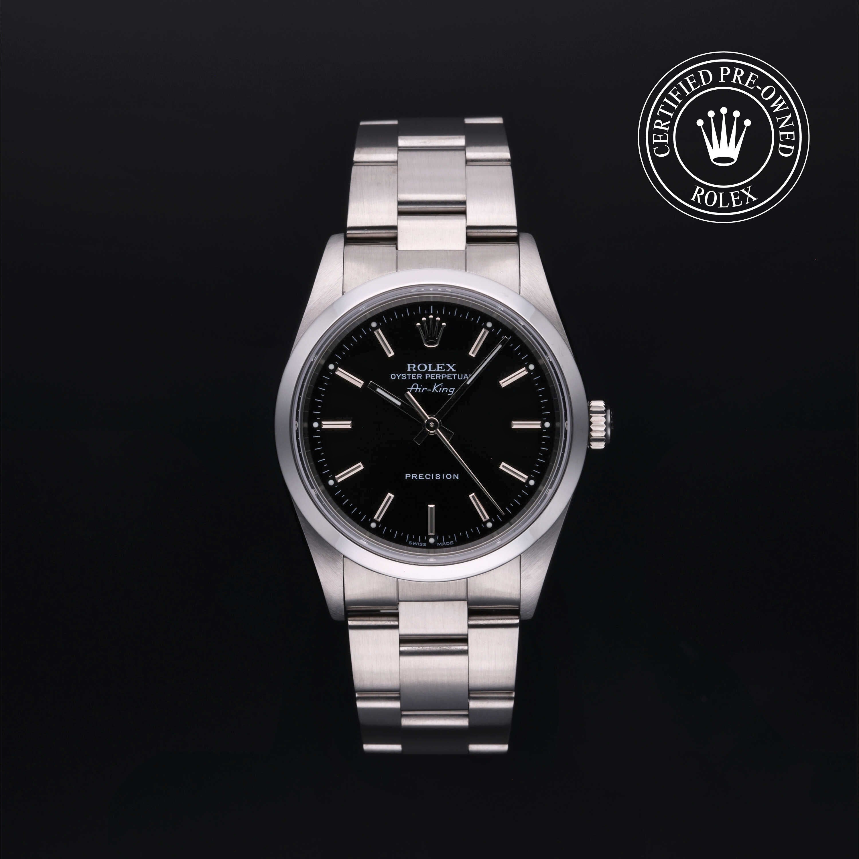Rolex Certified Pre-owned Air-King M14000M-0009 front on black background