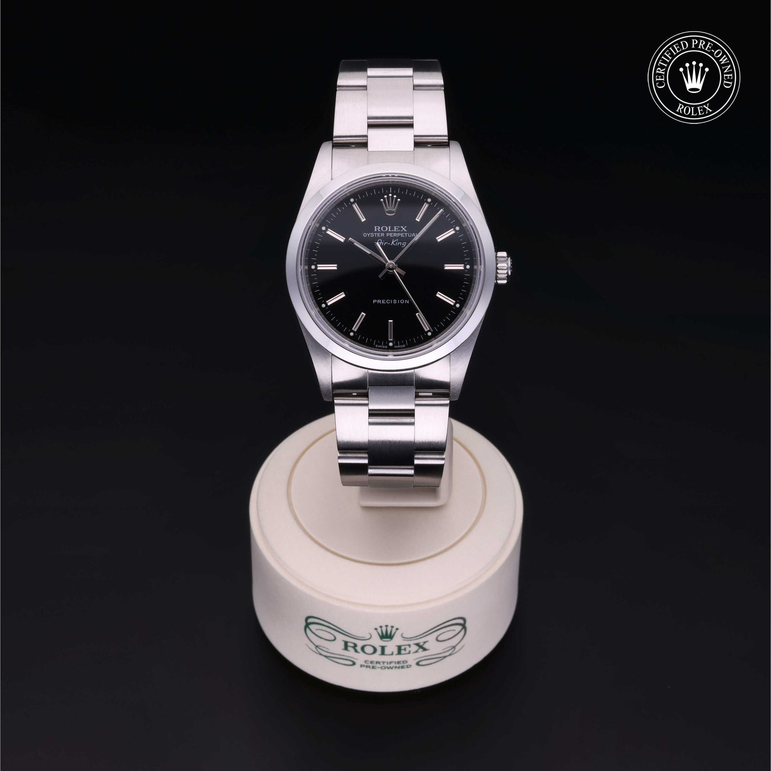 Rolex Certified Pre-owned Air-King M14000M-0009 front on black background