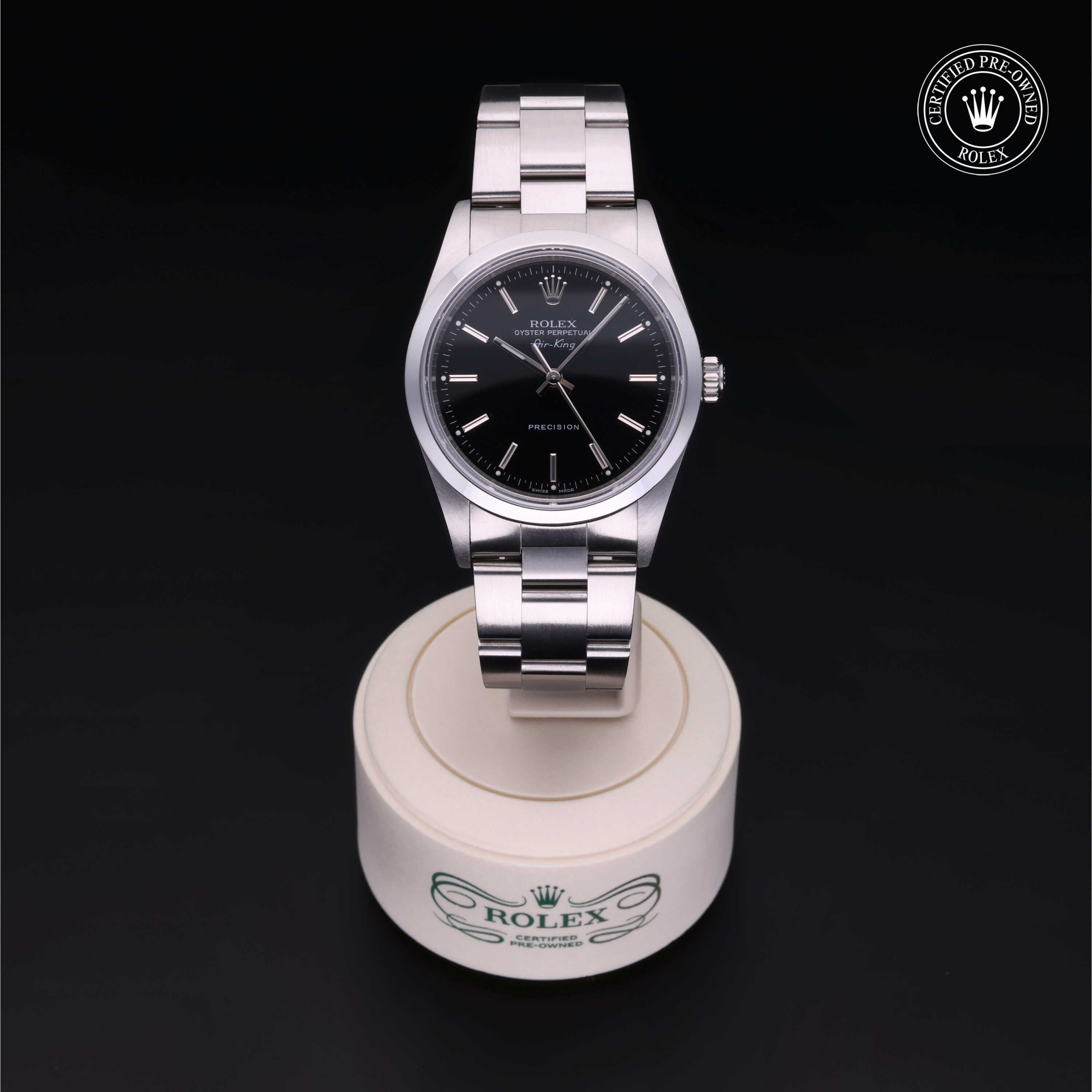 Rolex Certified Pre-owned Air-King M14000M-0009 front on black background