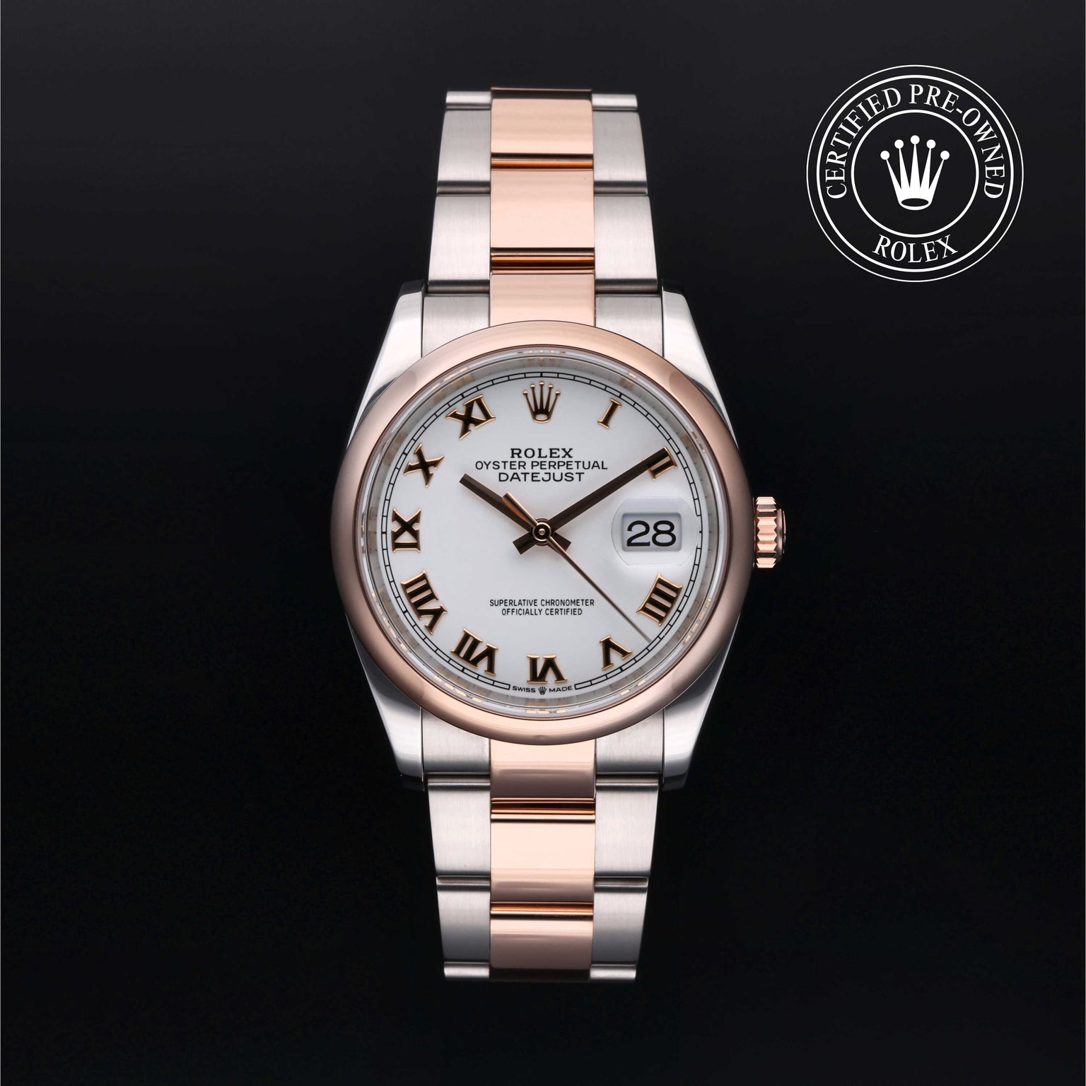 Rolex Certified Pre-owned Datejust M126201-0016 front on black background