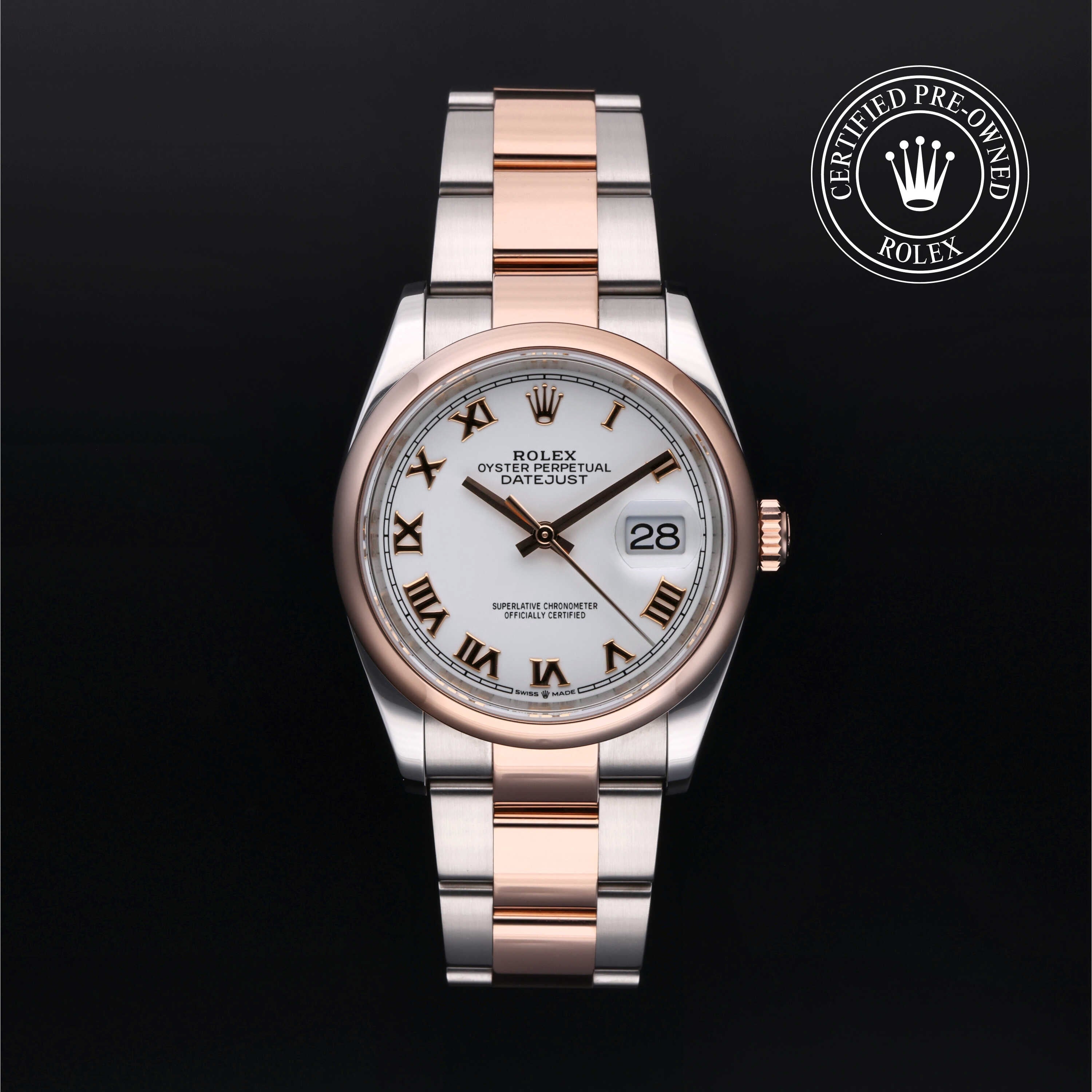 Rolex Certified Pre-owned Datejust M126201-0016 front on black background