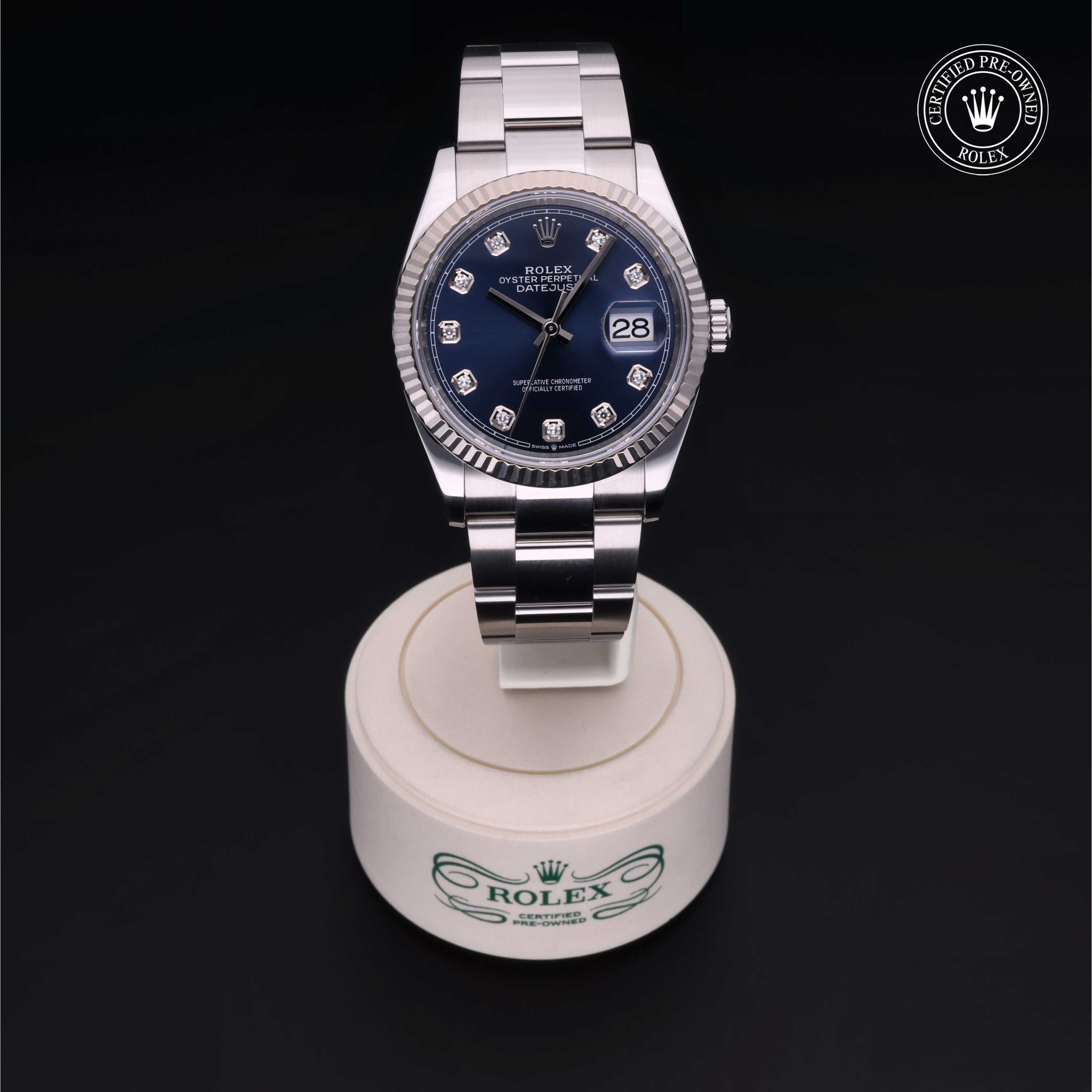 Rolex Certified Pre-owned Datejust M126234-0038 front on black background