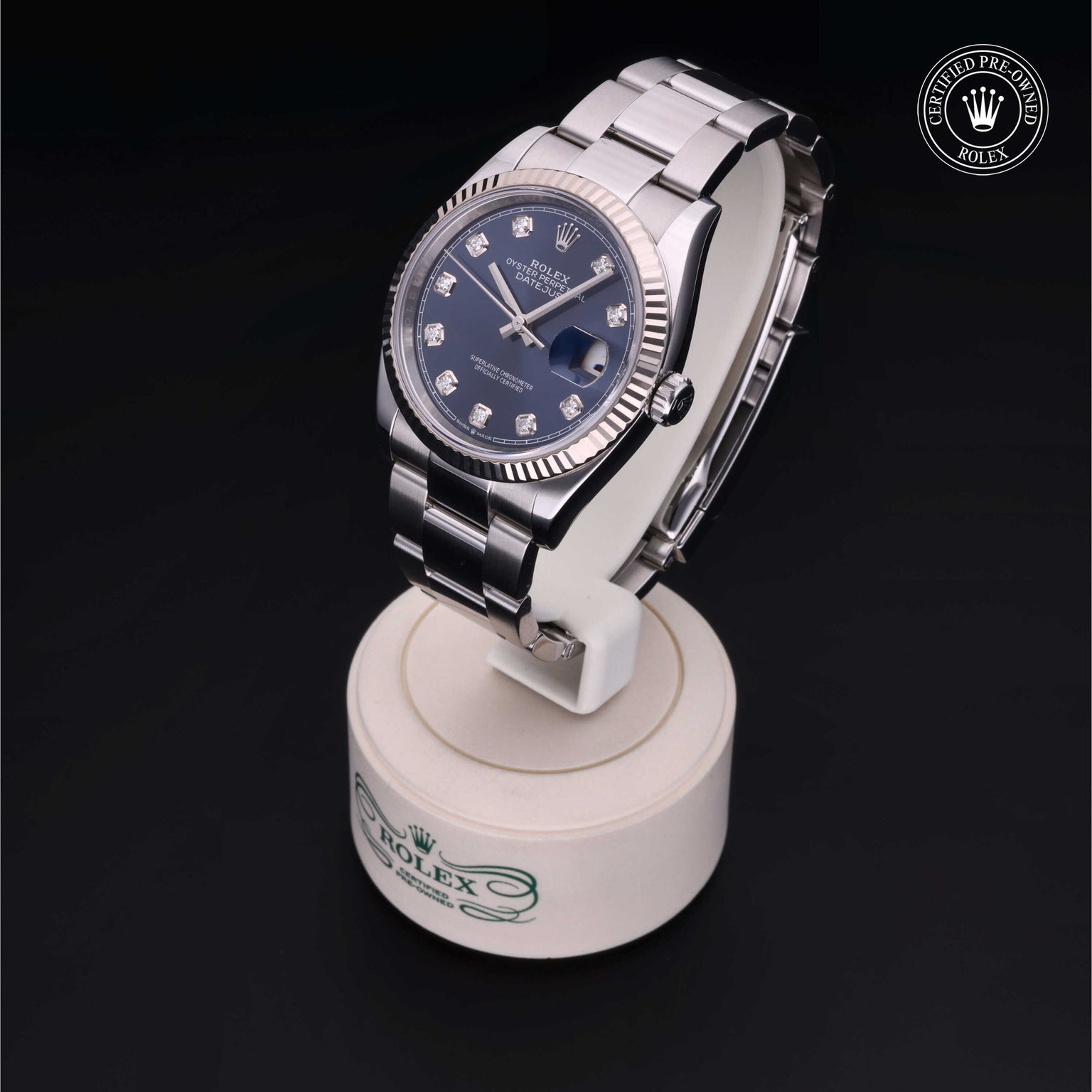 Rolex Certified Pre-owned Datejust M126234-0038 front on black background