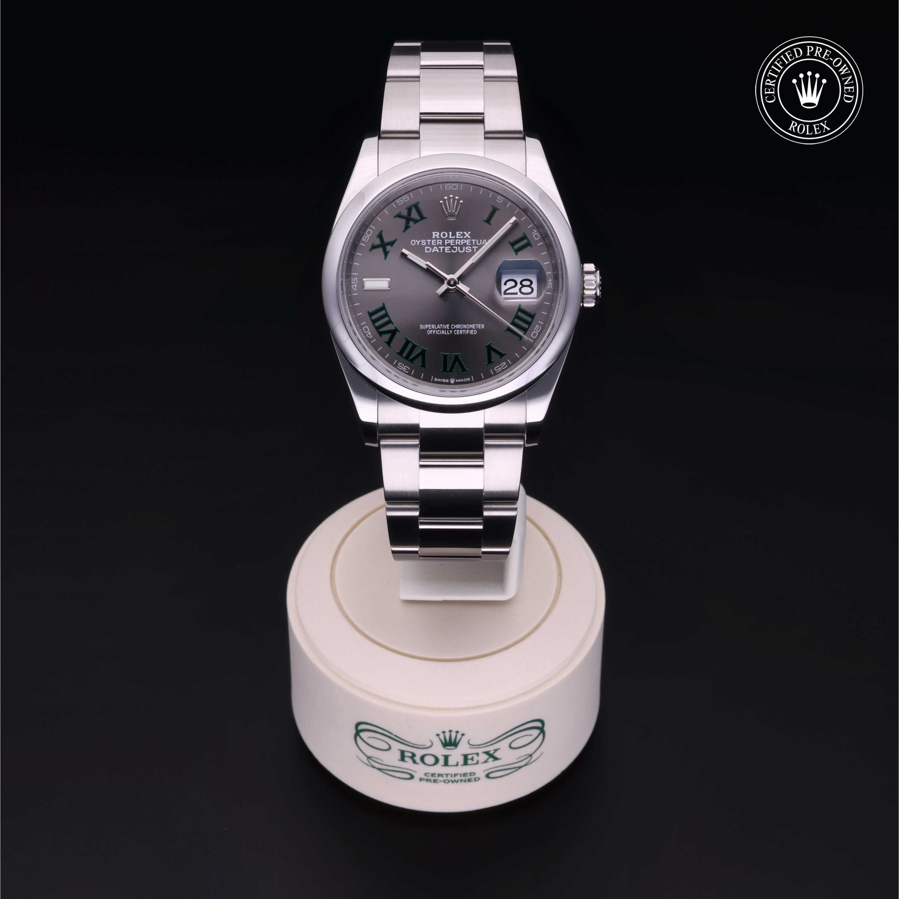 Rolex Certified Pre-owned Datejust M126200-0018 front on black background