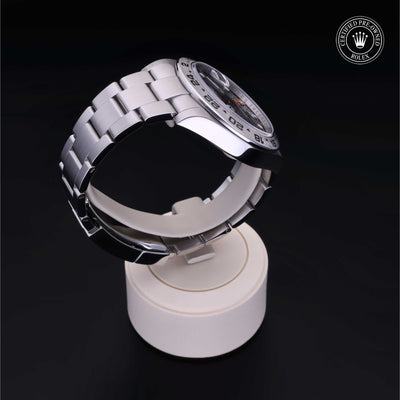 Rolex Certified Pre-owned Explorer M216570-0002 front on black background