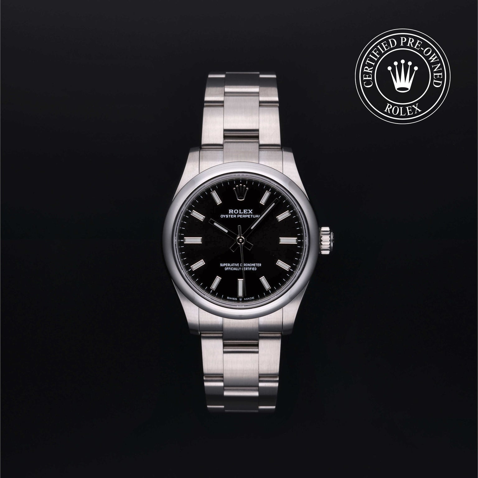 Rolex Certified Pre-owned Oyster Perpetual M277200-0002 front on black background