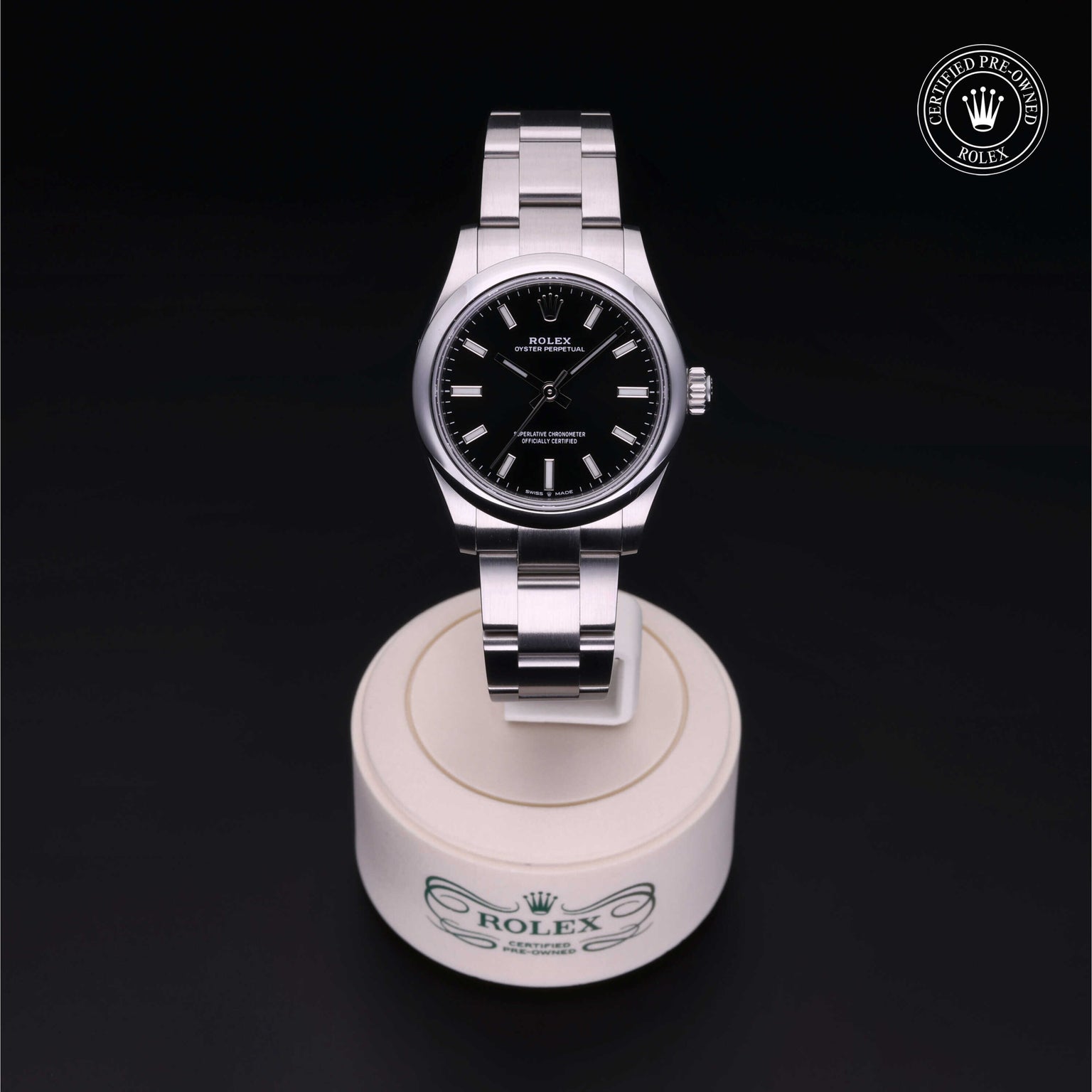 Rolex Certified Pre-owned Oyster Perpetual M277200-0002 front on black background