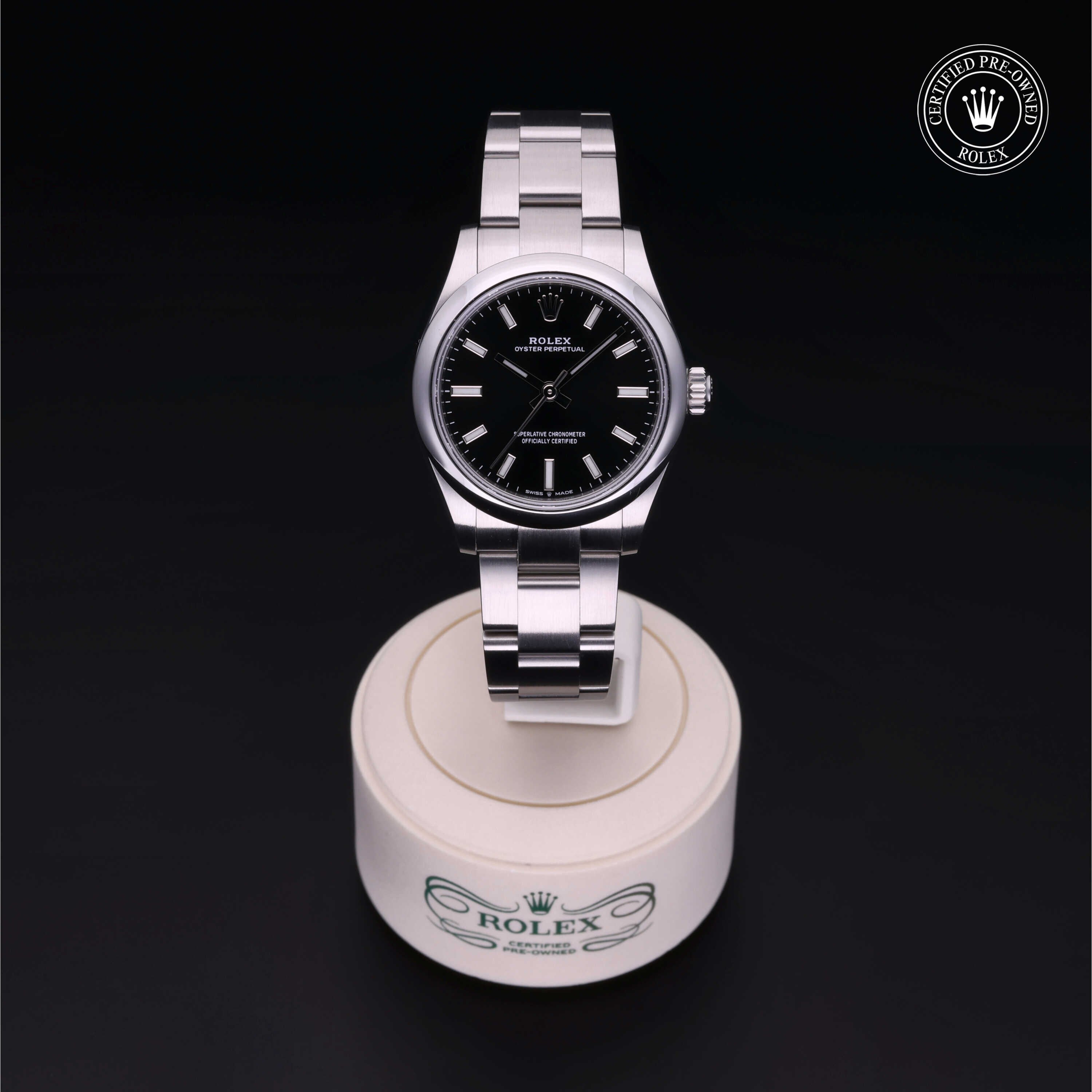 Rolex Certified Pre-owned Oyster Perpetual M277200-0002 front on black background