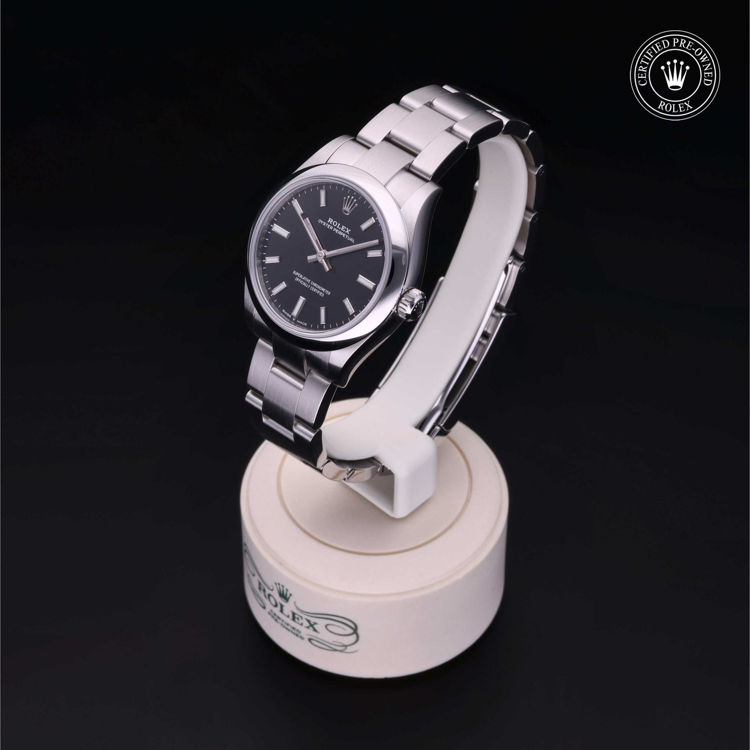 Rolex Certified Pre-owned Oyster Perpetual M277200-0002 front on black background