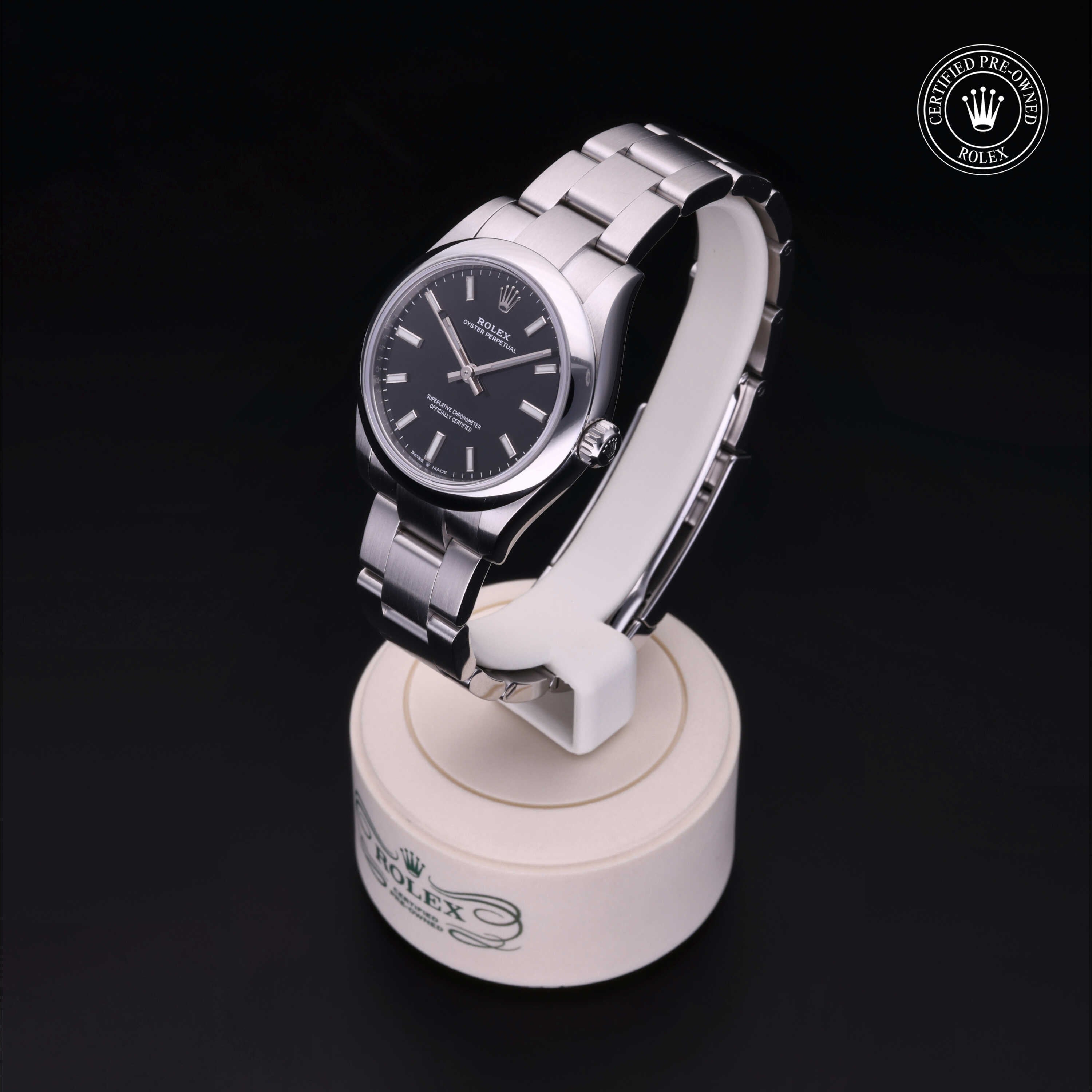 Rolex Certified Pre-owned Oyster Perpetual M277200-0002 front on black background