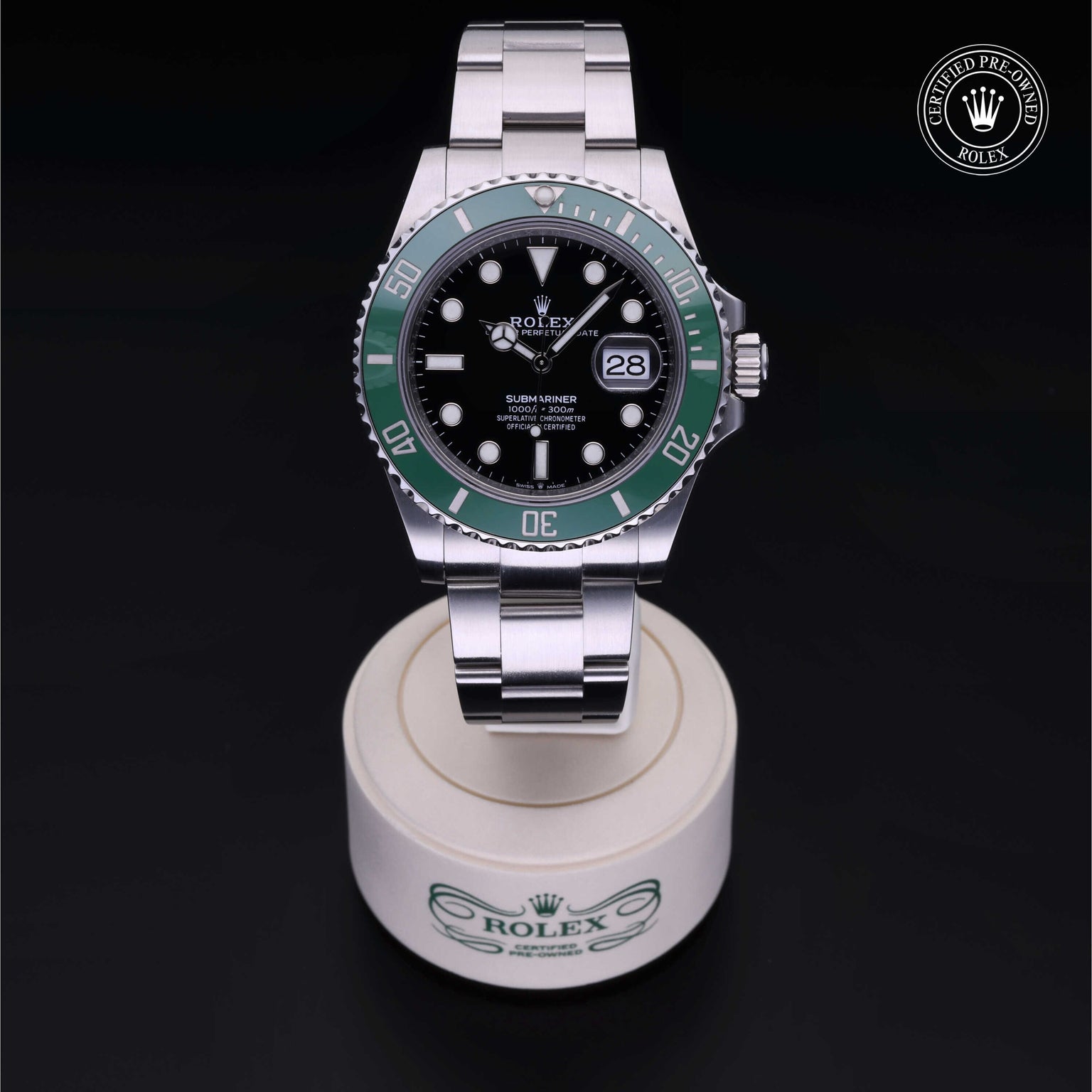 Rolex Certified Pre-owned Submariner M126610LV-0002 front on black background