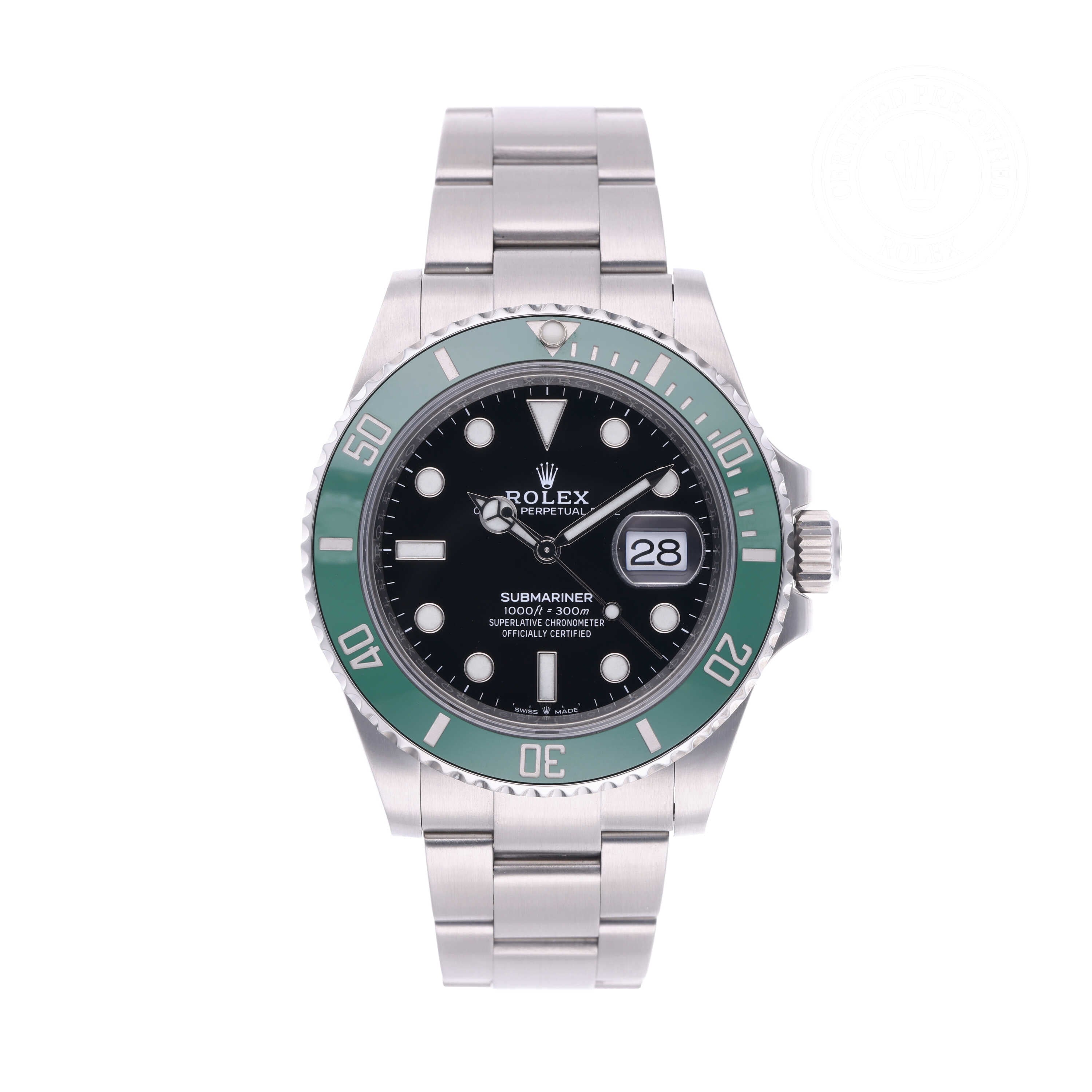 Rolex Certified Pre-owned Submariner M126610LV-0002 front on white background
