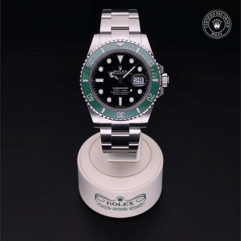 Rolex Certified Pre-owned Submariner M126610LV-0002 front on black background