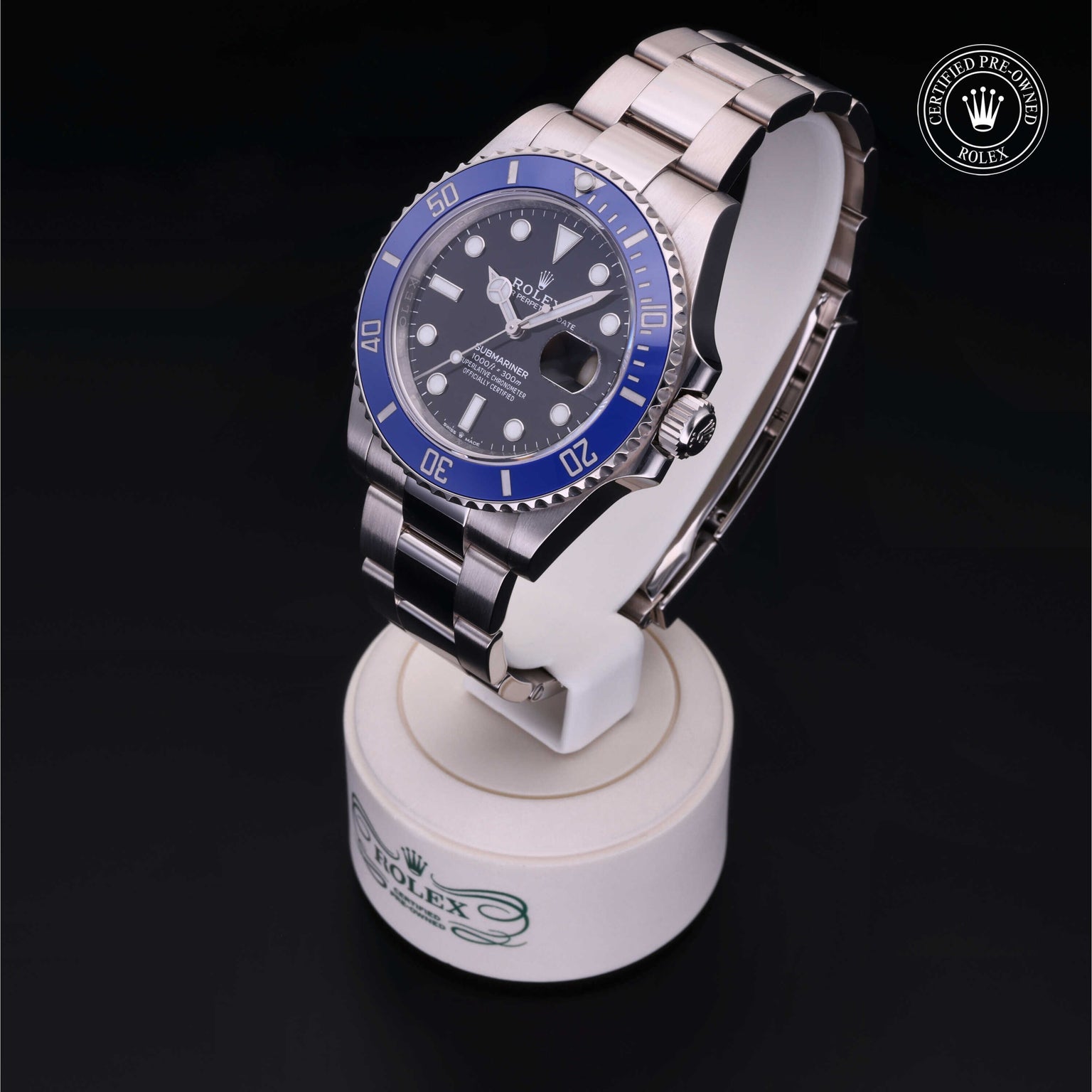 Rolex Certified Pre-owned Submariner Date M126619LB-0003 front on black background
