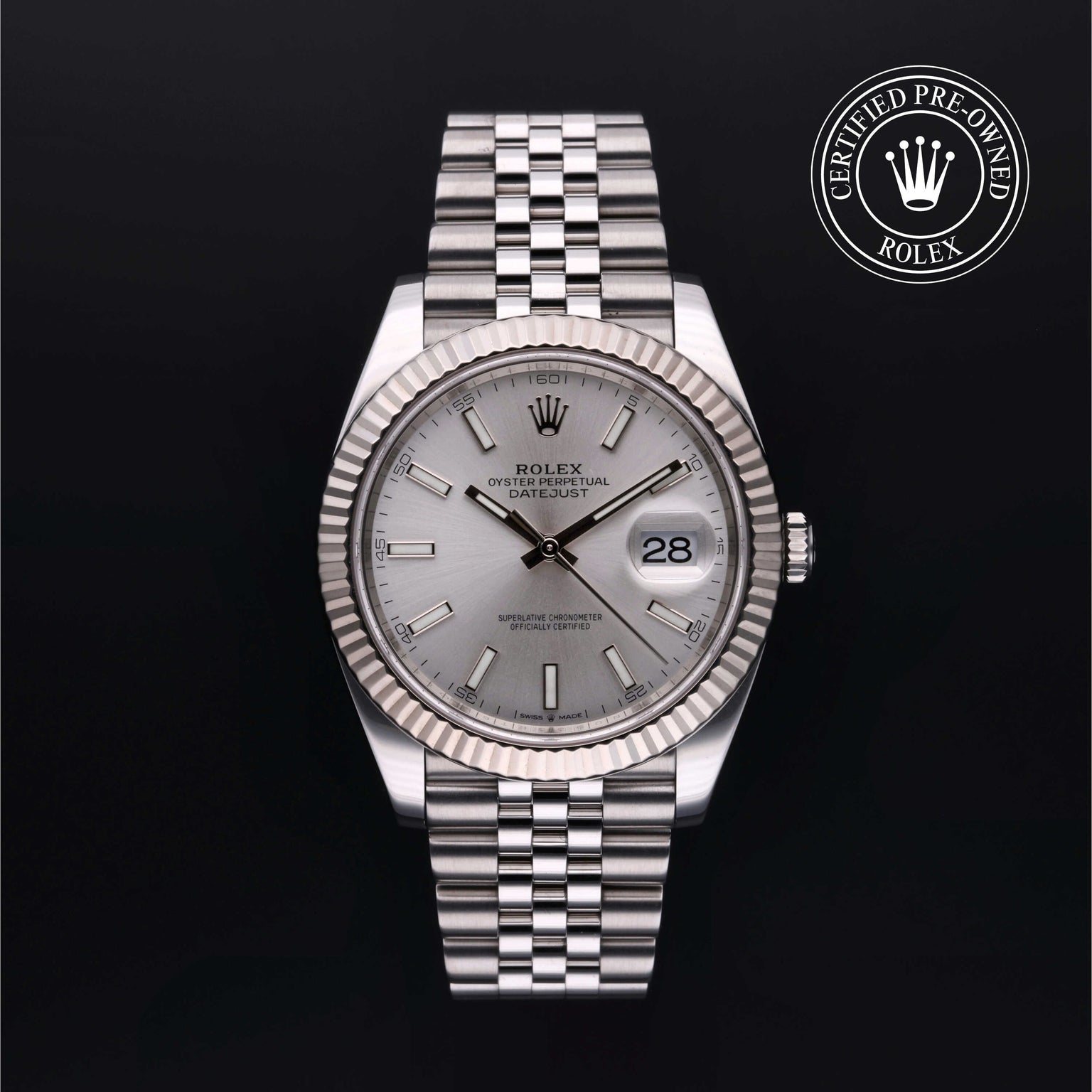 Rolex Certified Pre-owned Datejust M126334-0004 front on black background