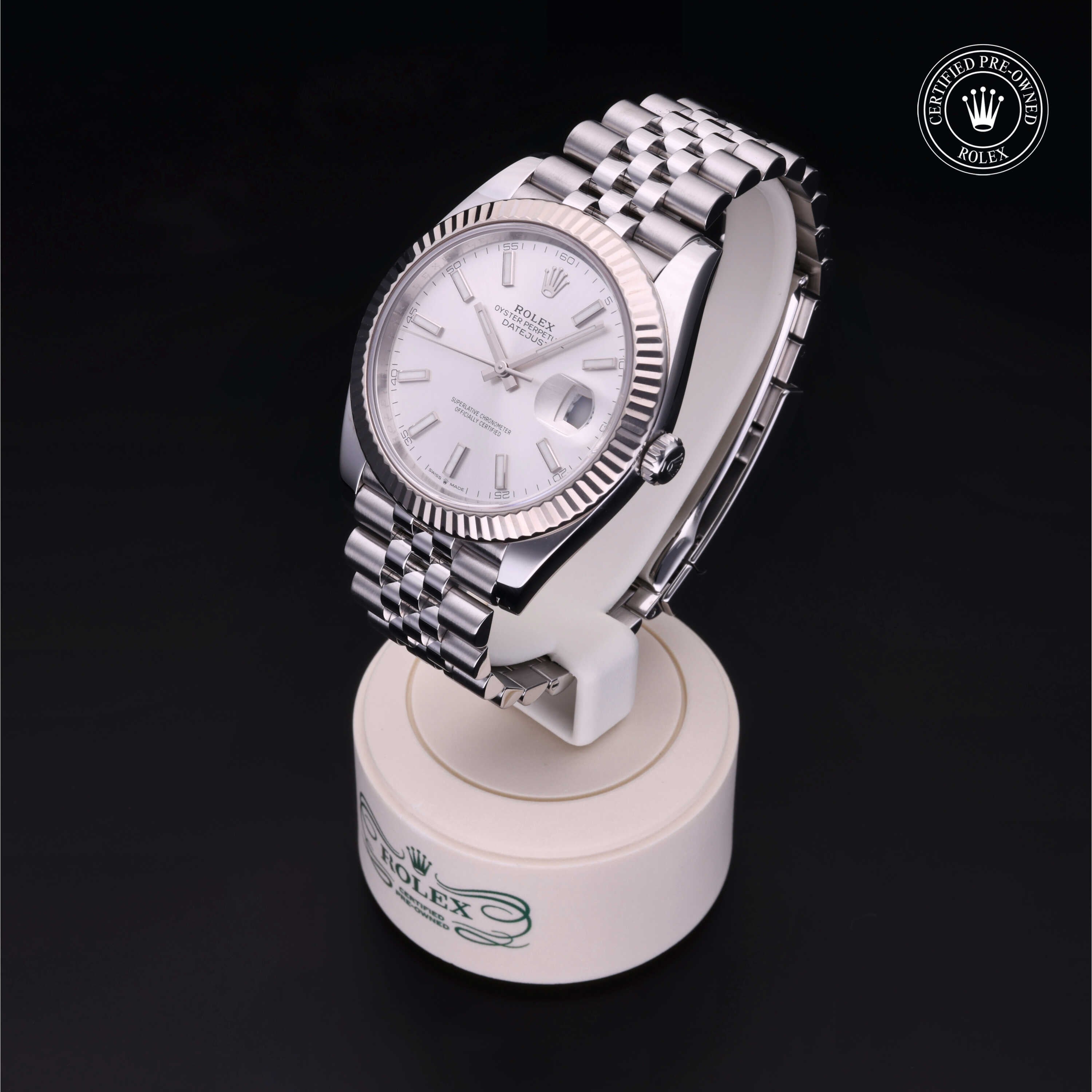 Rolex Certified Pre-owned Datejust M126334-0004 front on black background