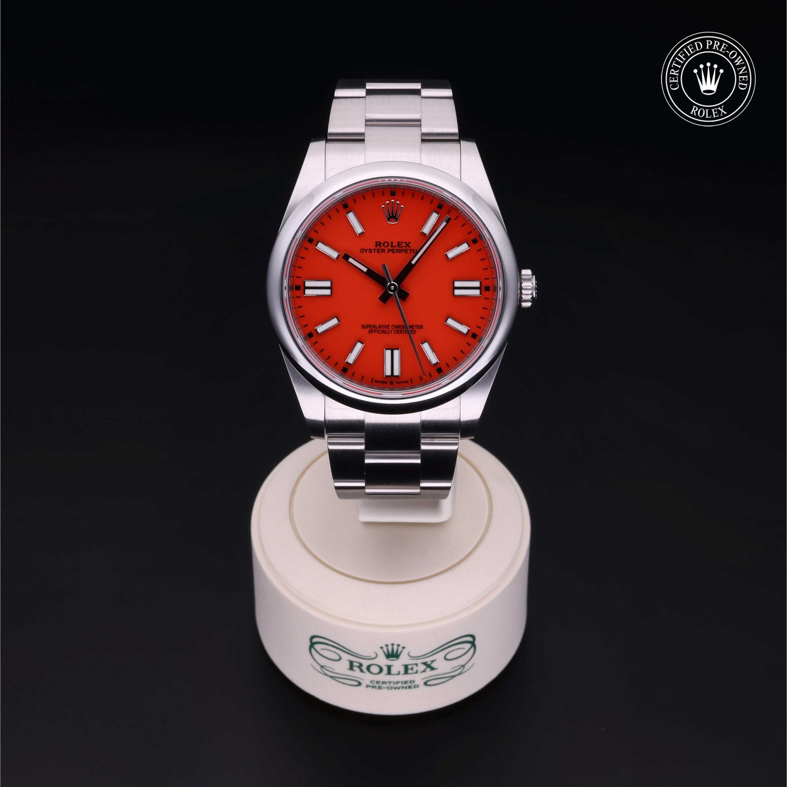 Rolex Certified Pre-owned Oyster Perpetual M124300-0007 front on black background