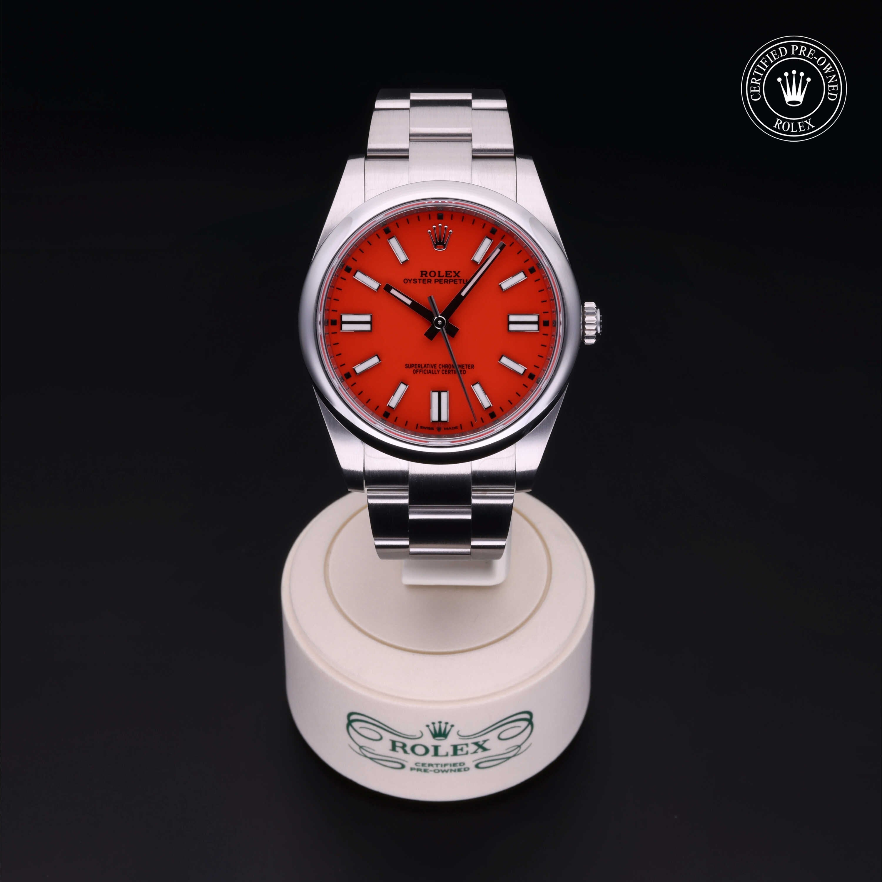 Rolex Certified Pre-owned Oyster Perpetual M124300-0007 front on black background