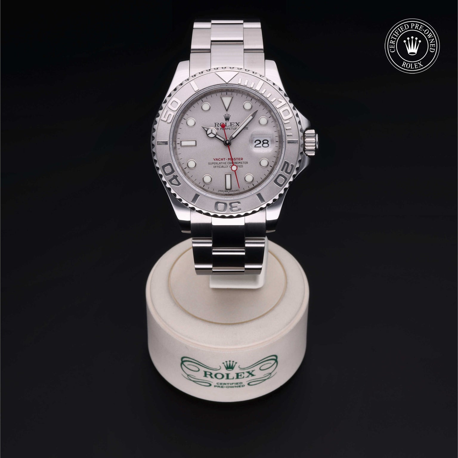 Rolex Certified Pre-owned Yacht-Master M16622-0004 front on black background