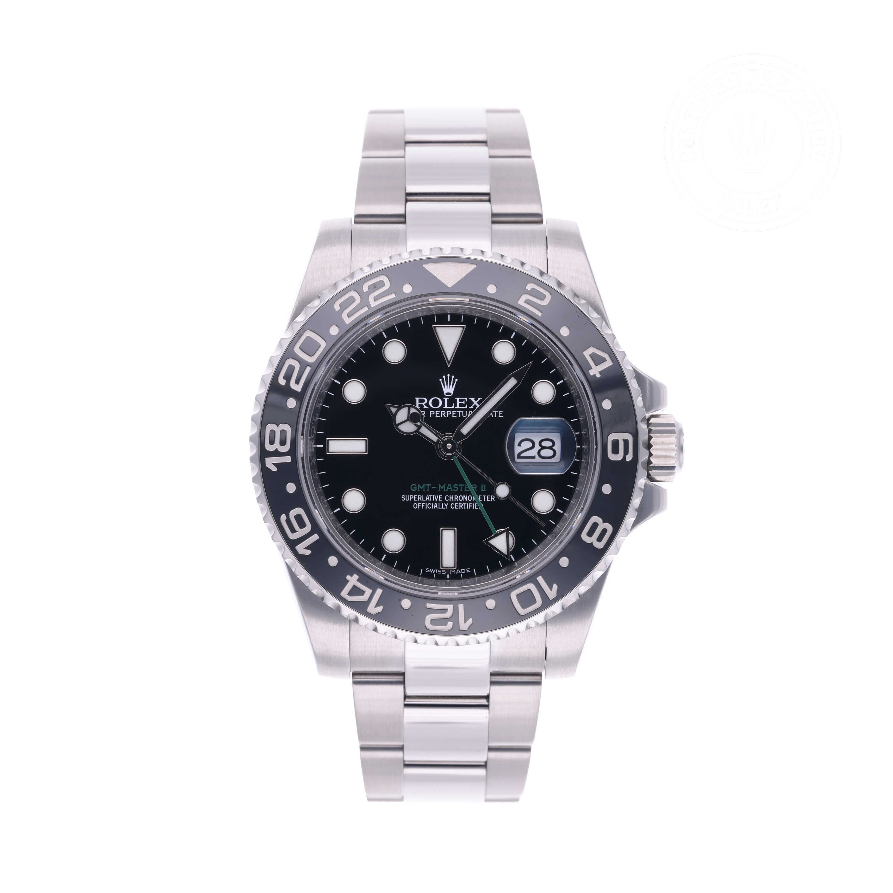 Rolex Certified Pre-owned GMT M116710LN-0001 front on white background