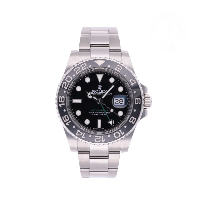 Rolex Certified Pre-owned GMT M116710LN-0001 front on white background