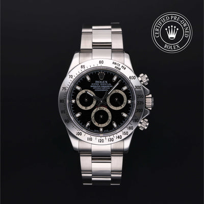 Rolex Certified Pre-owned Daytona M116520-0011 front on black background