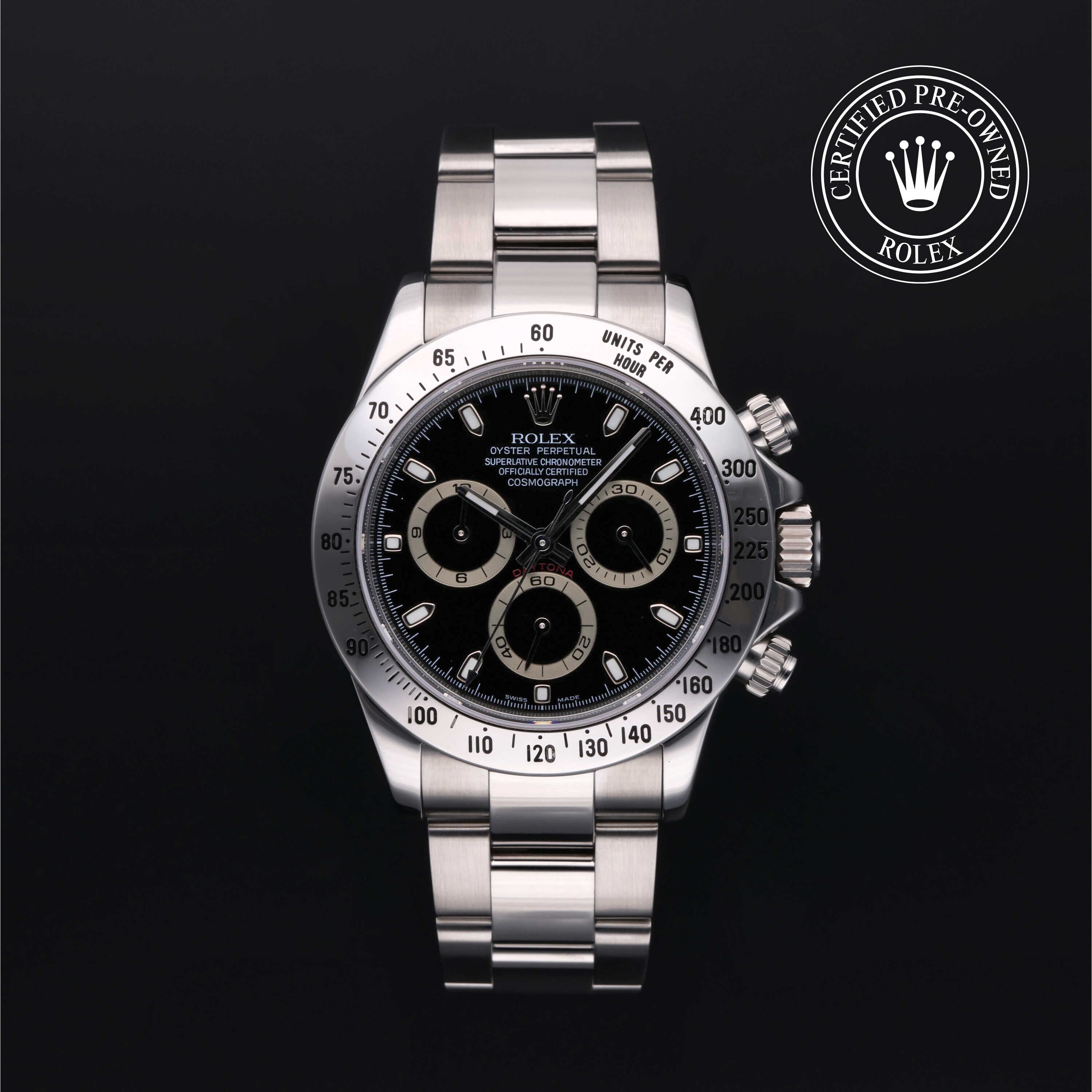 Rolex Certified Pre-owned Daytona M116520-0011 front on black background