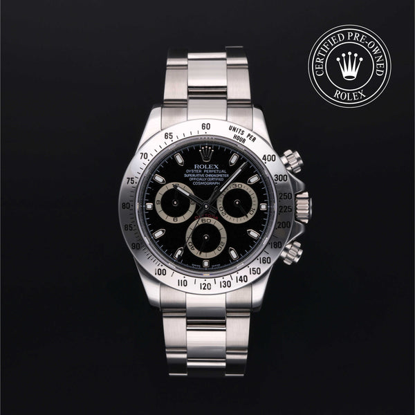Rolex Certified Pre-owned Daytona M116520-0011 front on black background