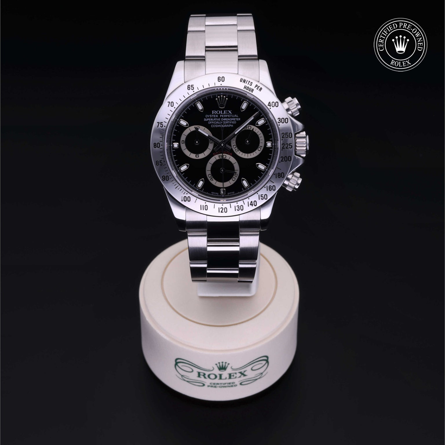 Rolex Certified Pre-owned Daytona M116520-0011 front on black background