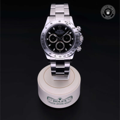 Rolex Certified Pre-owned Daytona M116520-0011 front on black background