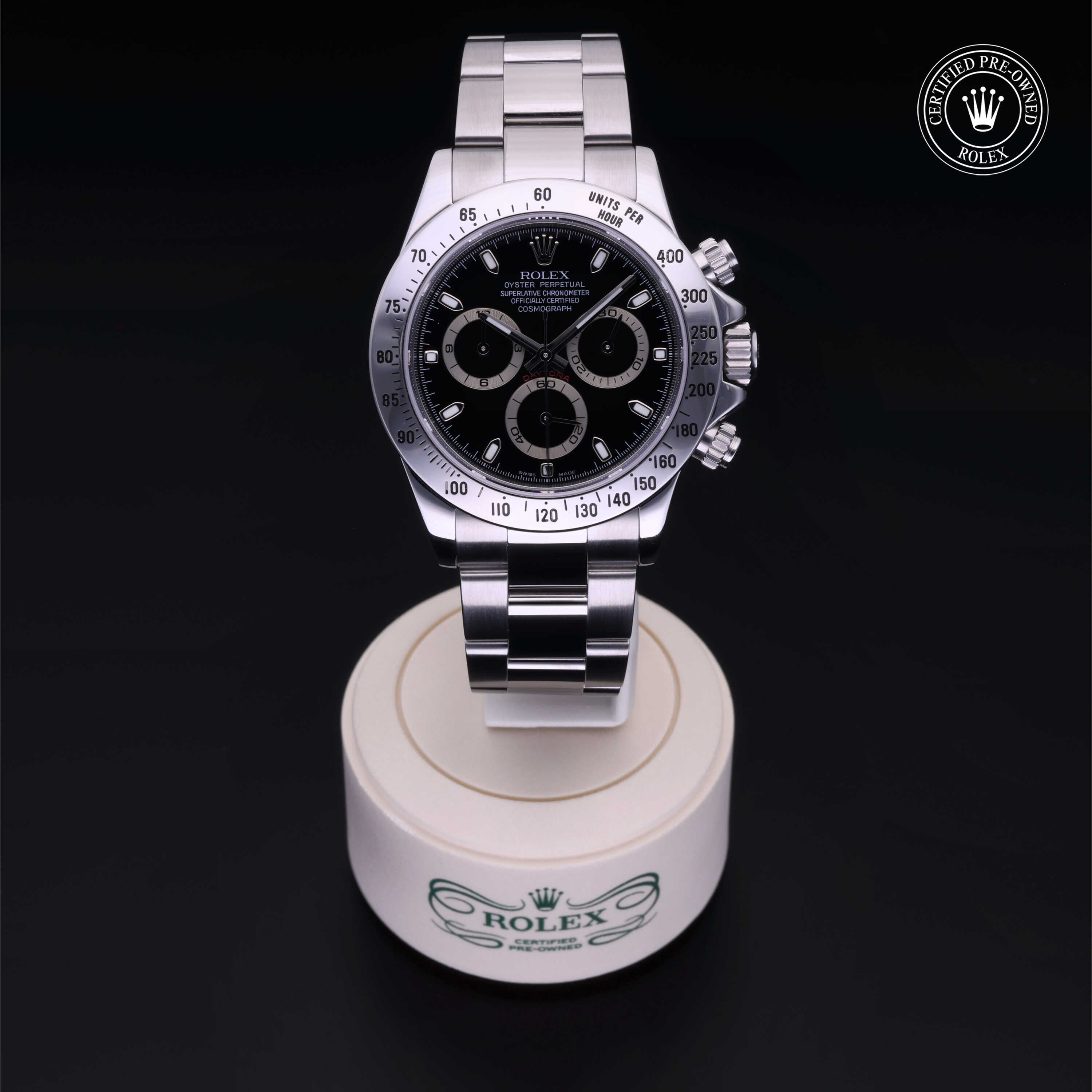 Rolex Certified Pre-owned Daytona M116520-0011 front on black background