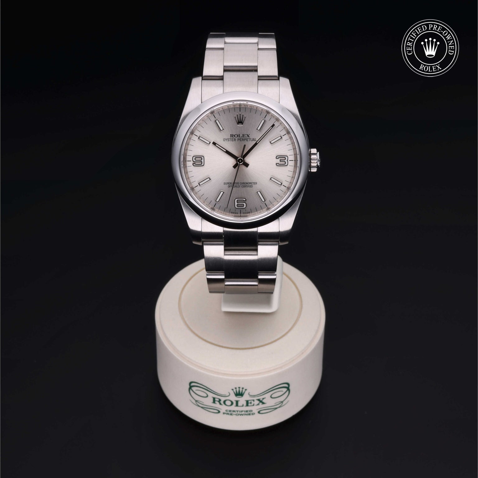 Rolex Certified Pre-owned Oyster Perpetual M116000-0001 front on black background