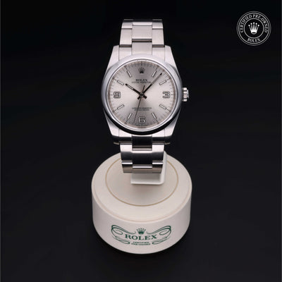Rolex Certified Pre-owned Oyster Perpetual M116000-0001 front on black background