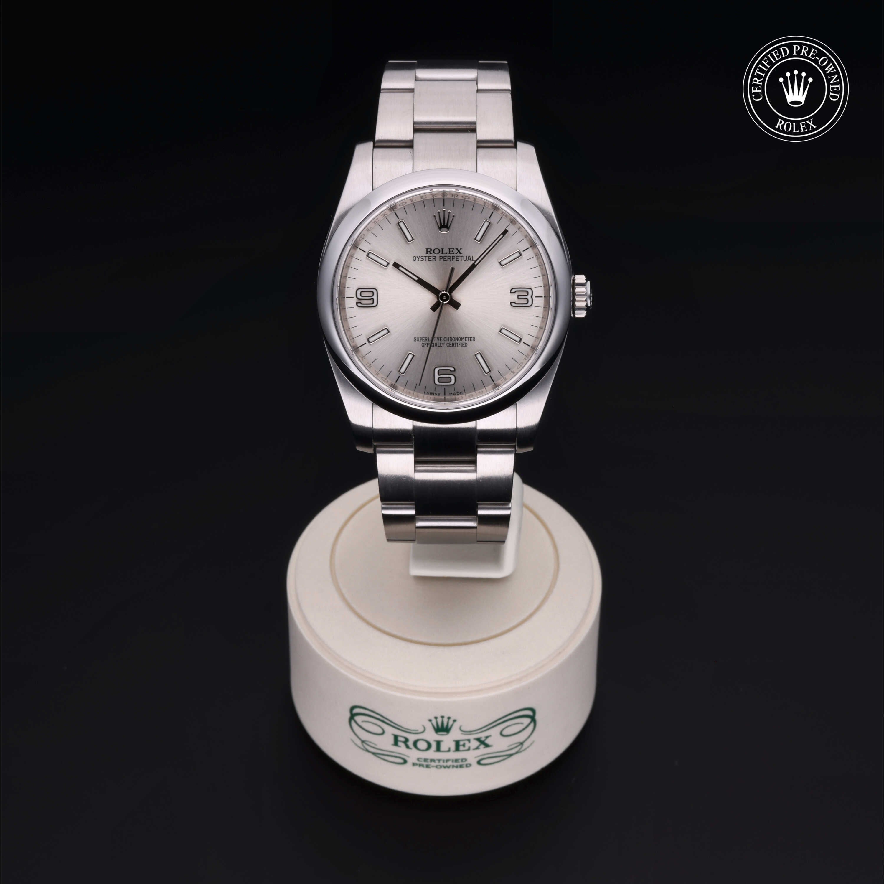 Rolex Certified Pre-owned Oyster Perpetual M116000-0001 front on black background