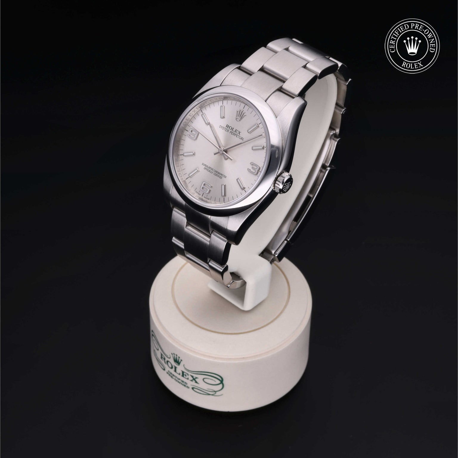 Rolex Certified Pre-owned Oyster Perpetual M116000-0001 front on black background