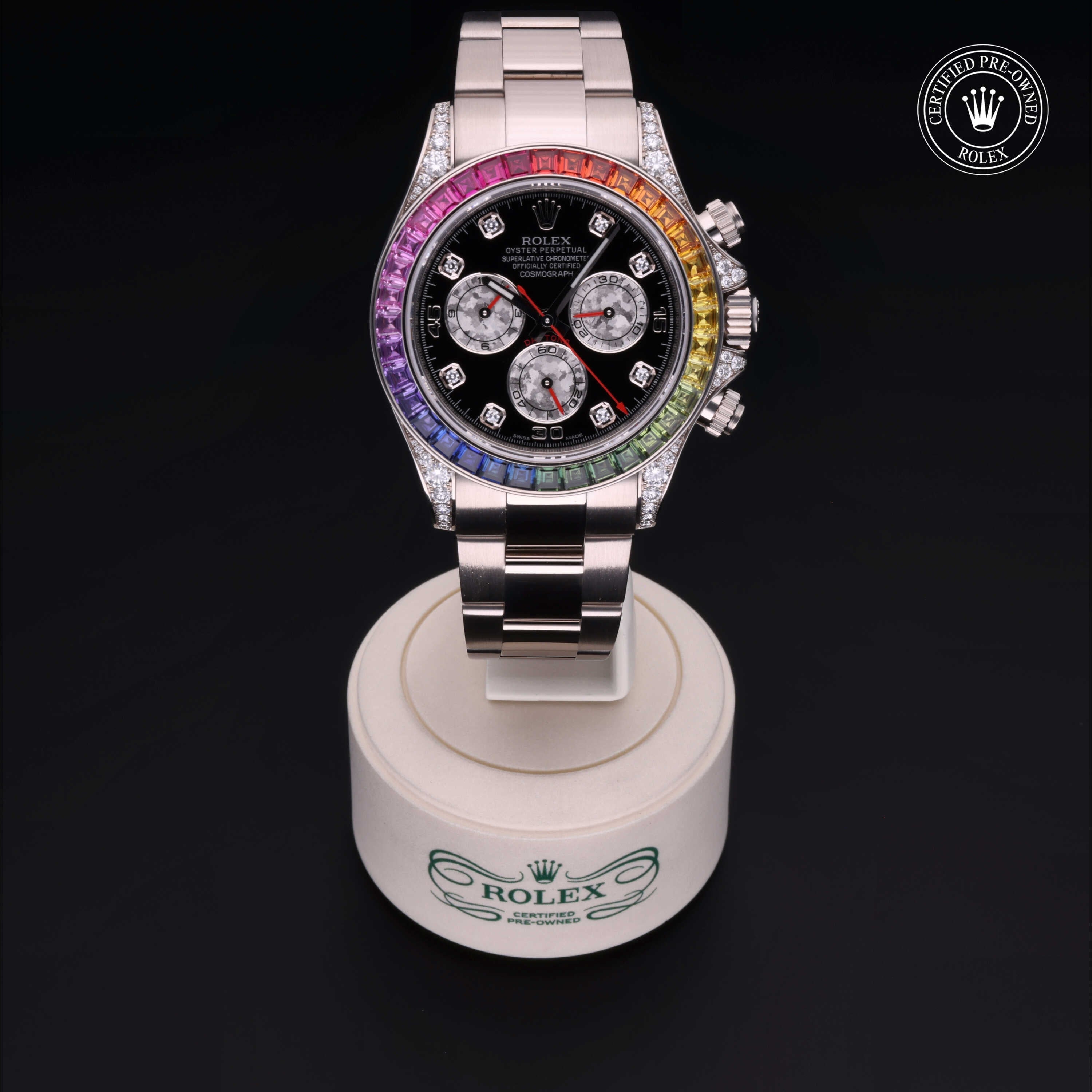 Rolex Certified Pre-owned Daytona M116599RBOW-0003 front on black background