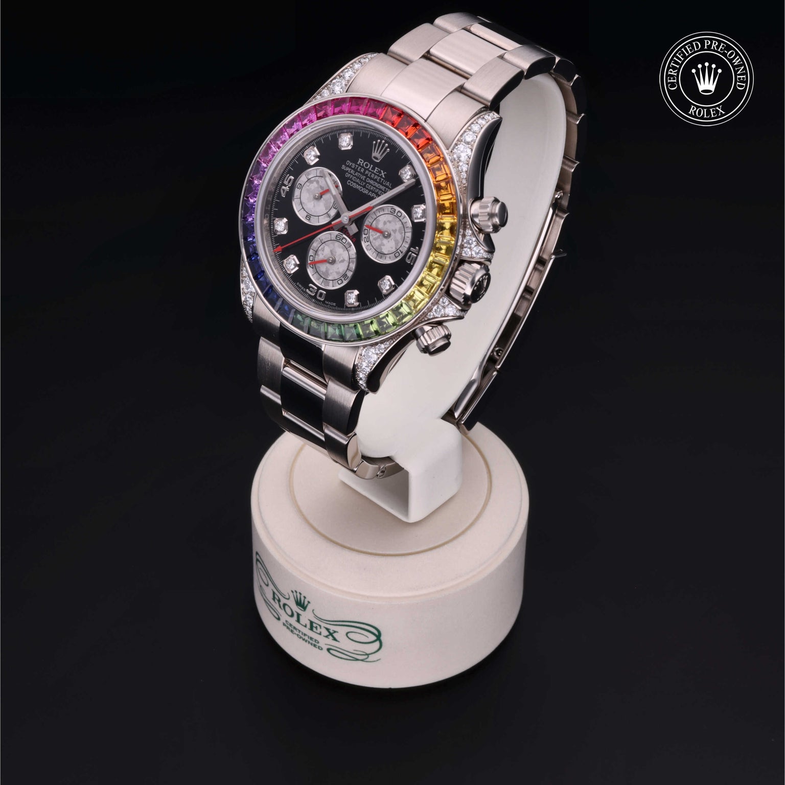 Rolex Certified Pre-owned Daytona M116599RBOW-0003 front on black background