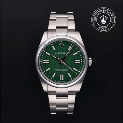 Rolex Certified Pre-owned Oyster Perpetual M124300-0005 front on black background