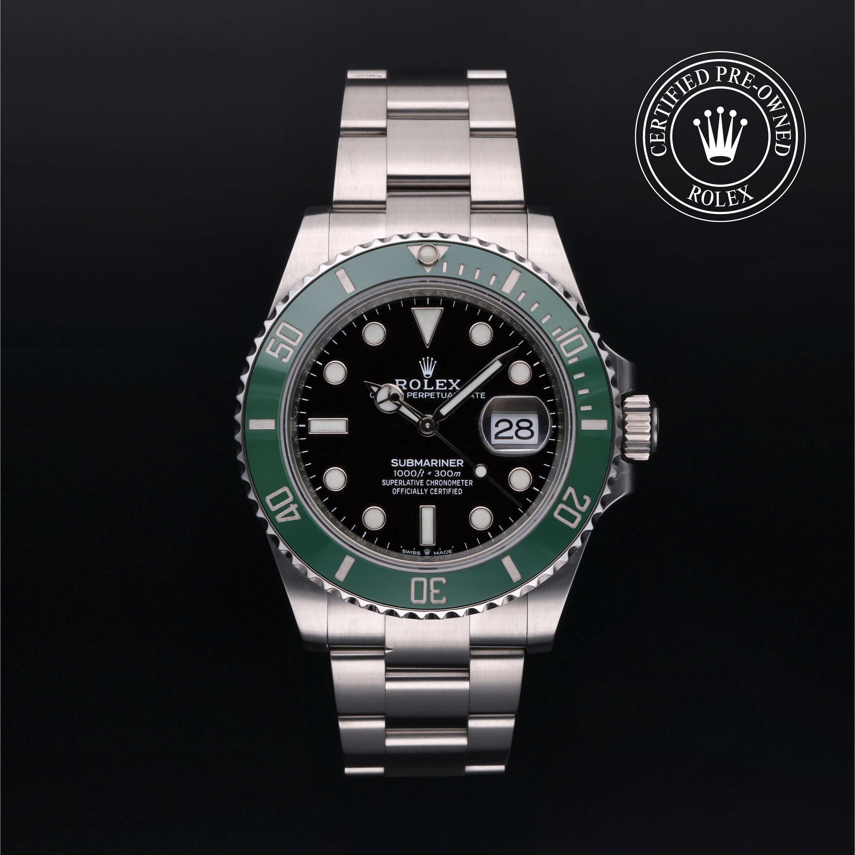 Rolex Certified Pre-owned Submariner M126610LV-0002 front on black background
