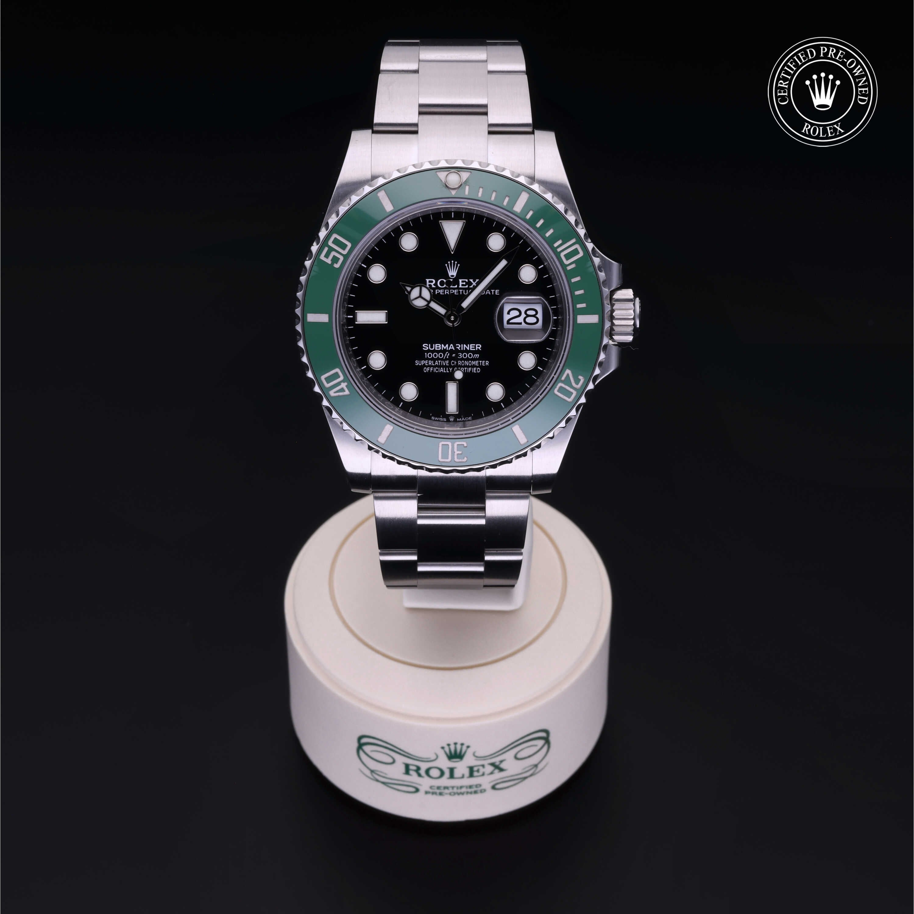 Rolex Certified Pre-owned Submariner M126610LV-0002 front on black background