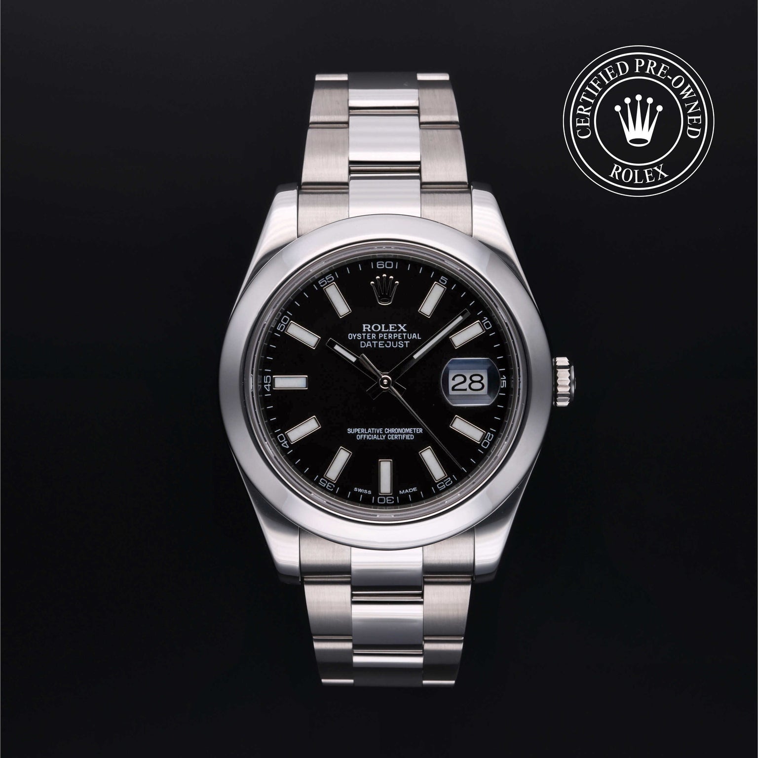 Rolex Certified Pre-owned Datejust M116300-0001 front on black background