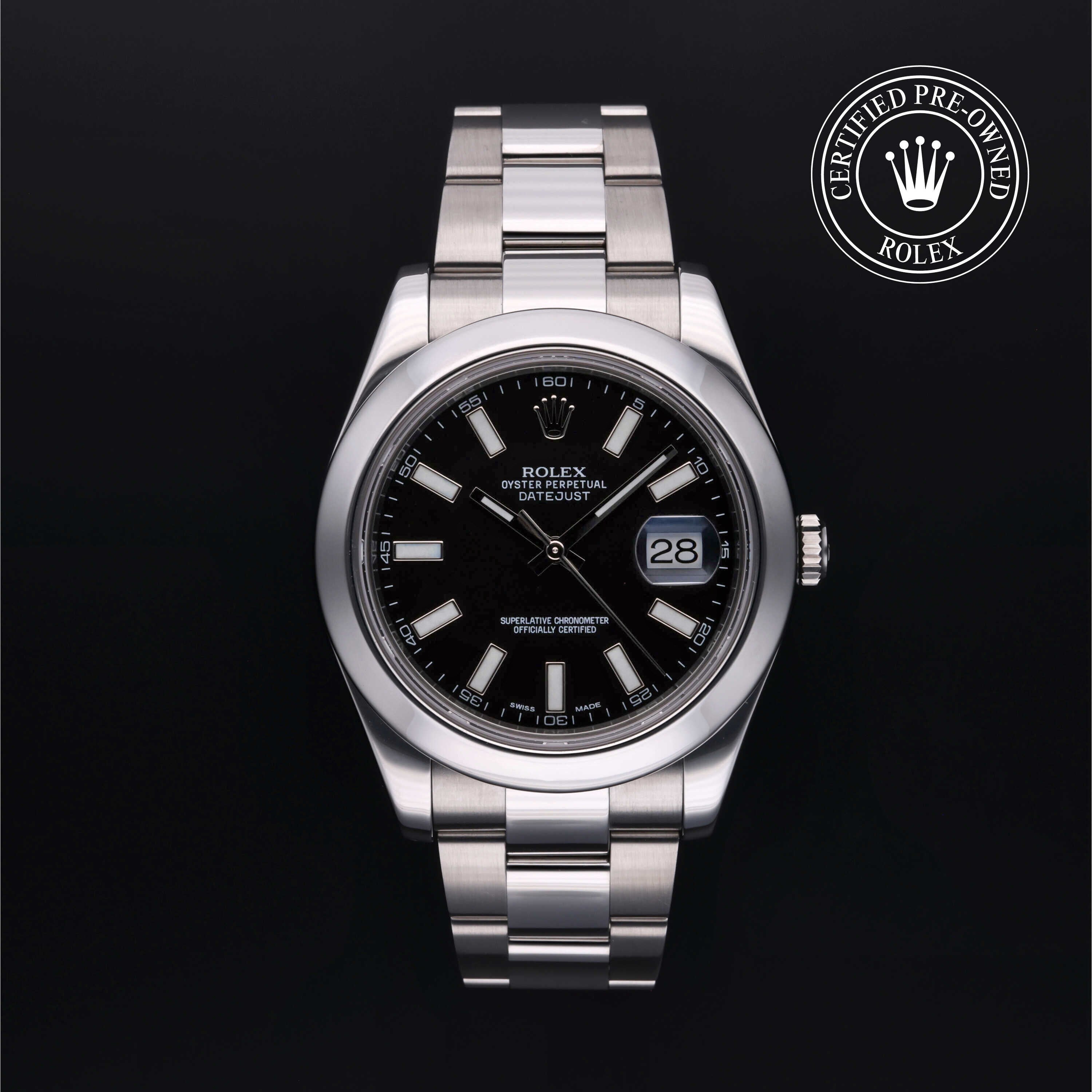 Rolex Certified Pre-owned Datejust M116300-0001 front on black background