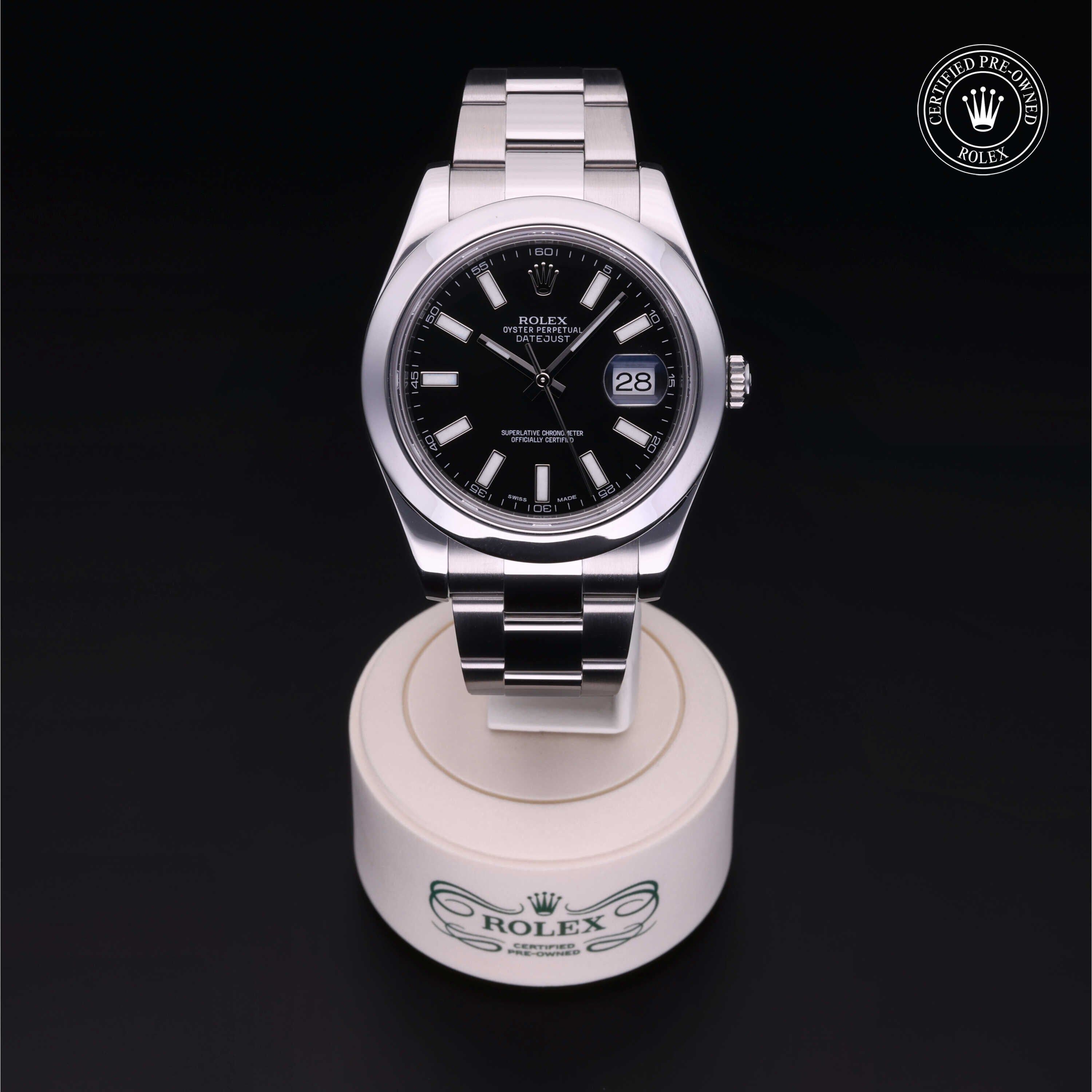 Rolex Certified Pre-owned Datejust M116300-0001 front on black background