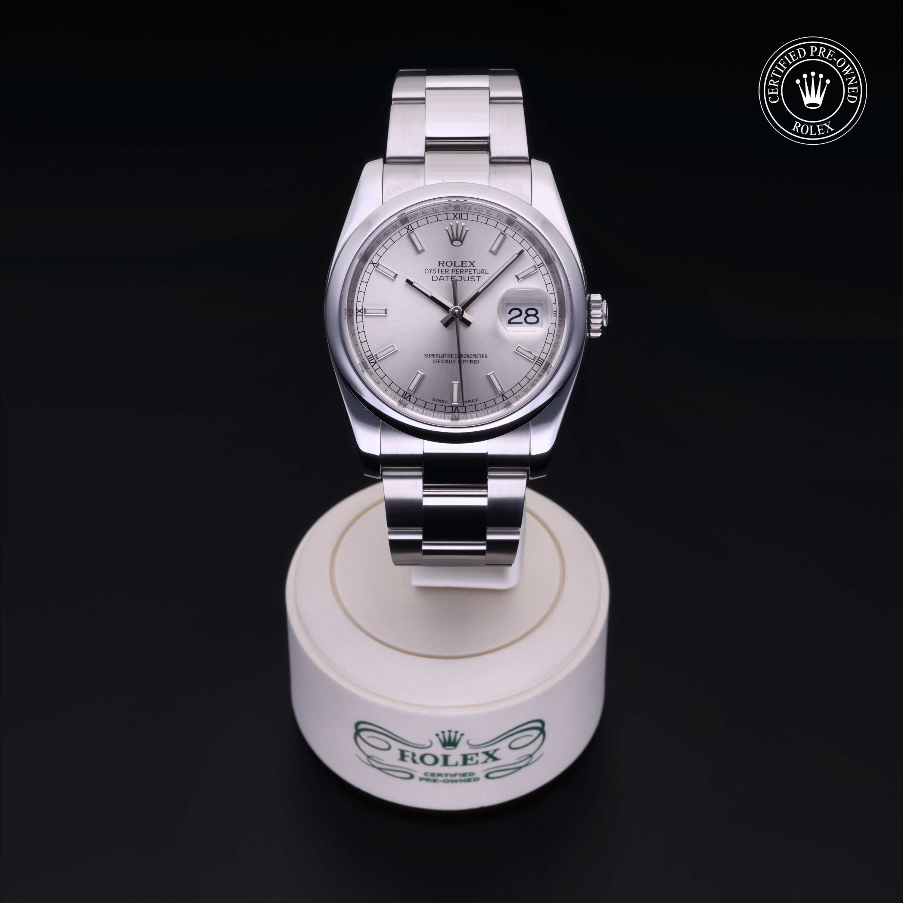 Rolex Certified Pre-owned Datejust M116200-0056 front on black background